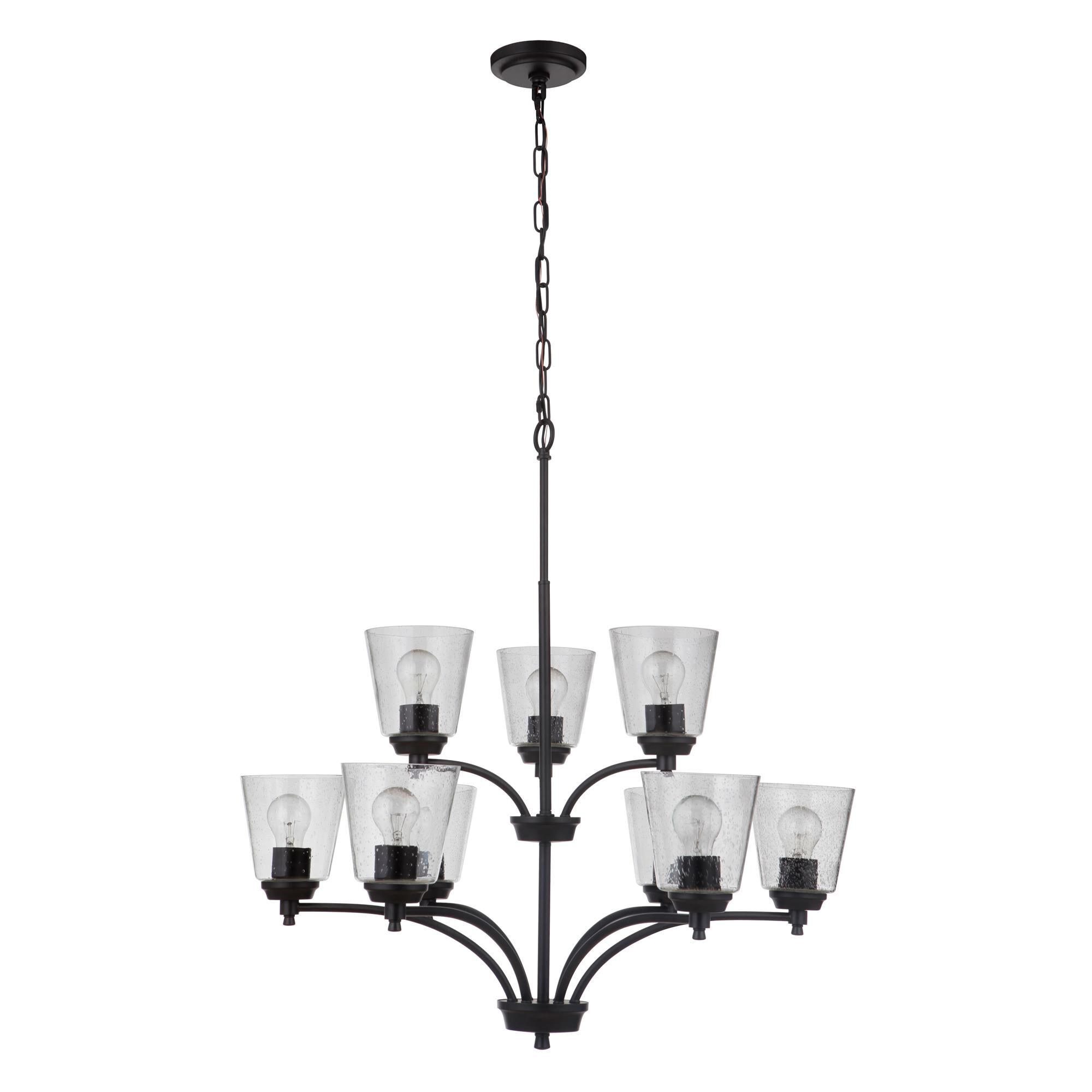 Shown in Flat Black finish and Clear Seeded glass and Glass shade