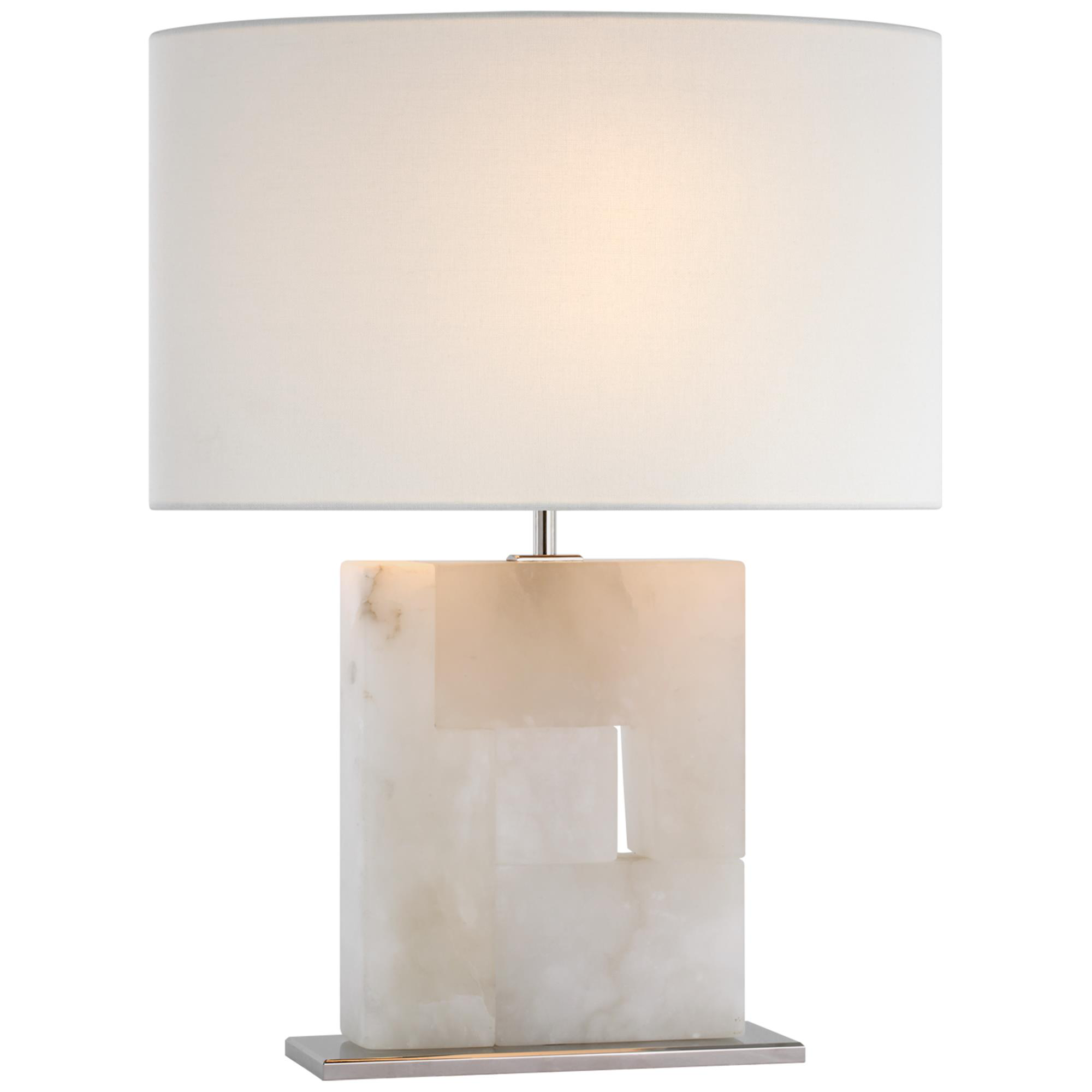 Shown in Alabaster and Polished Nickel finish and Linen Oval shade