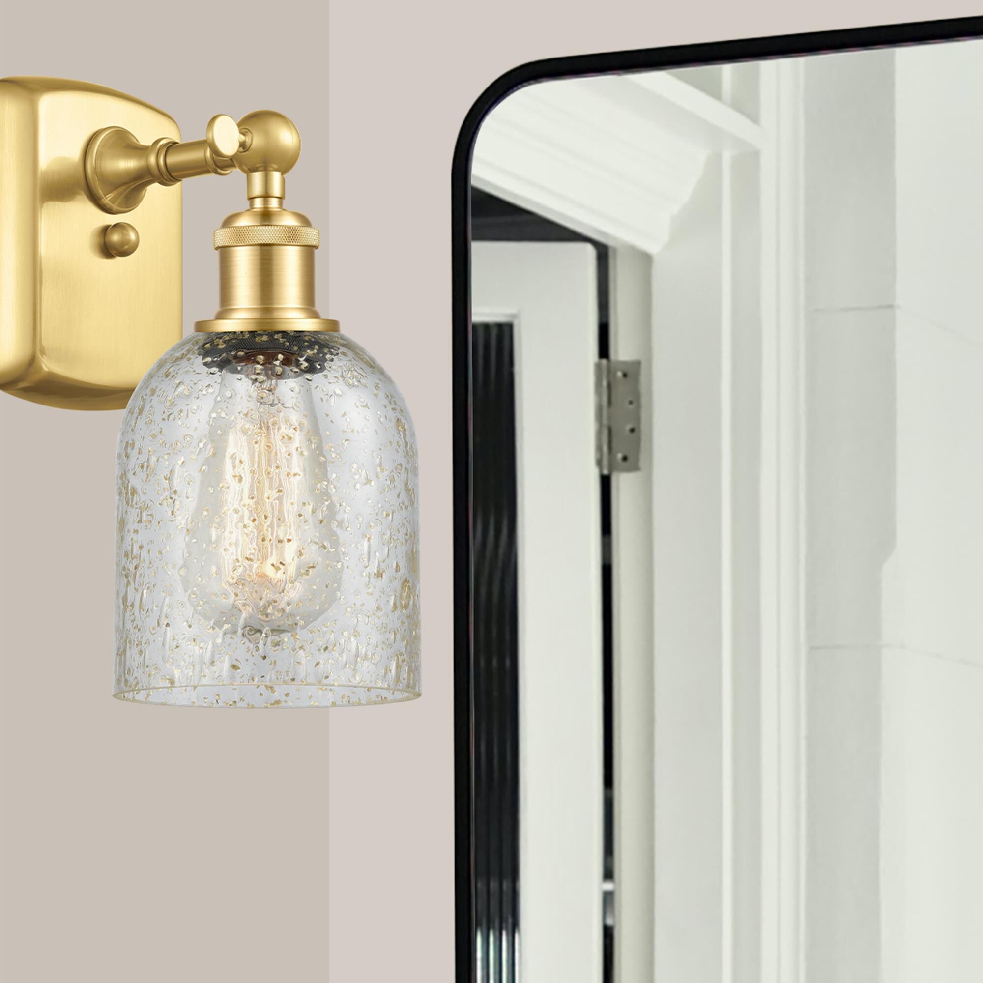 Shown in Satin Gold finish and Mica Caledonia glass