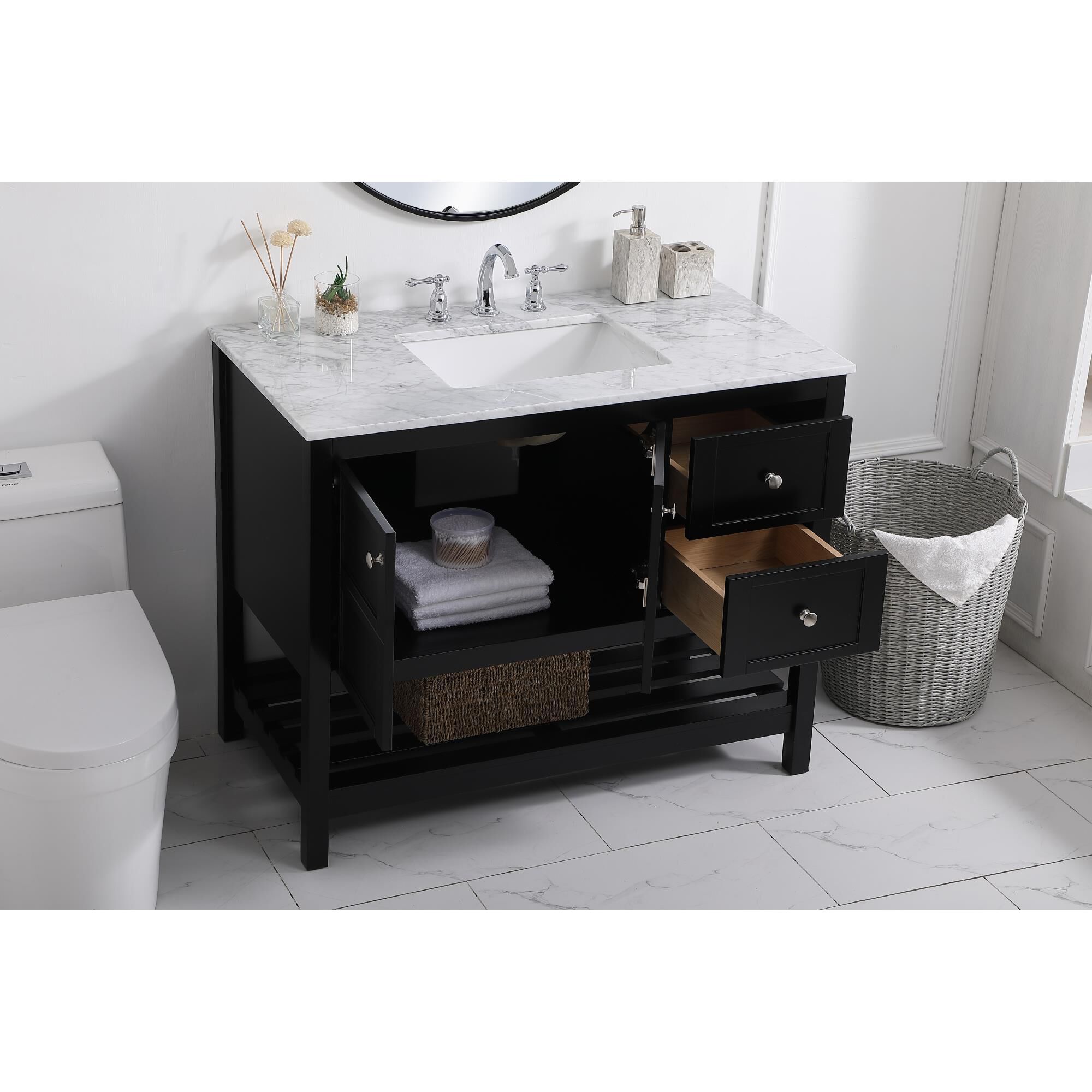 Shown in Black And Brushed Nickel With Carrara White Marble finish