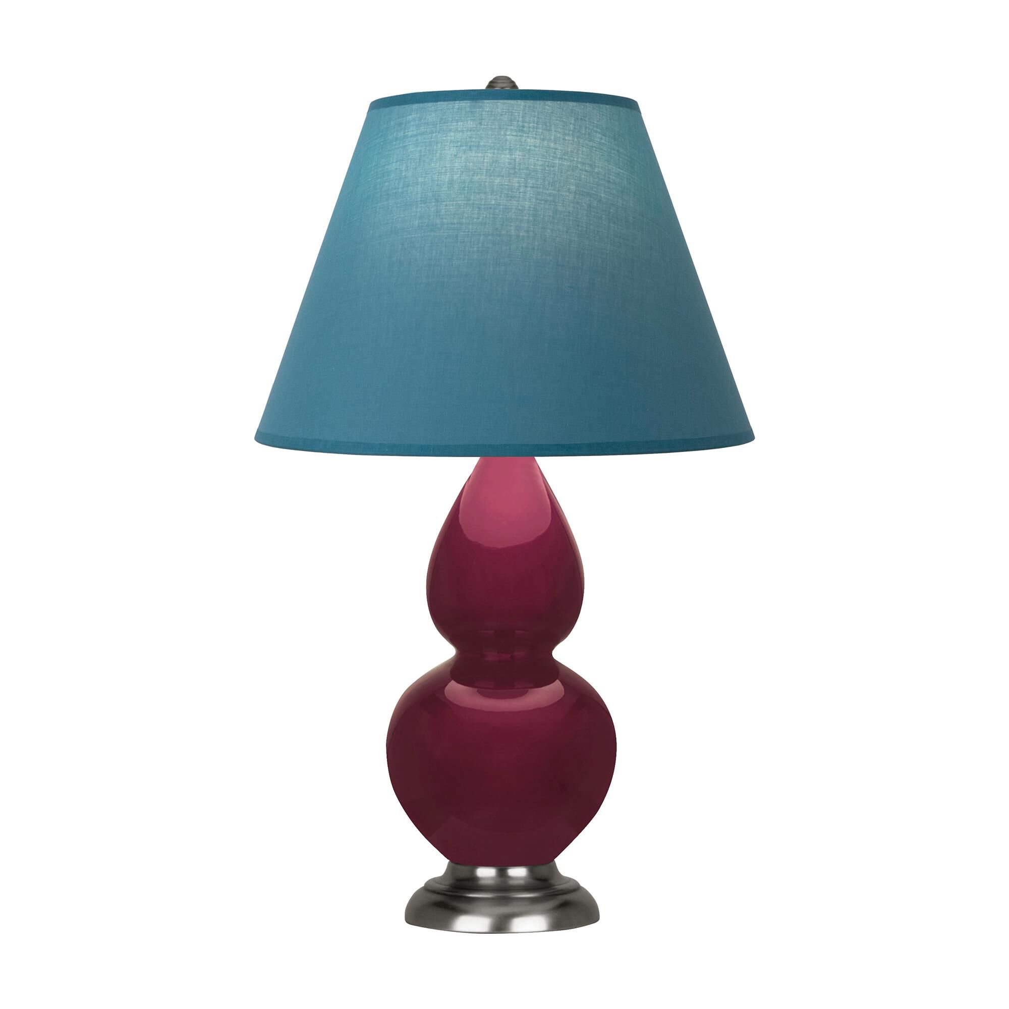 Shown in Sugar Plum finish and Bright Blue with Gray Lining shade and Antique Silver accent
