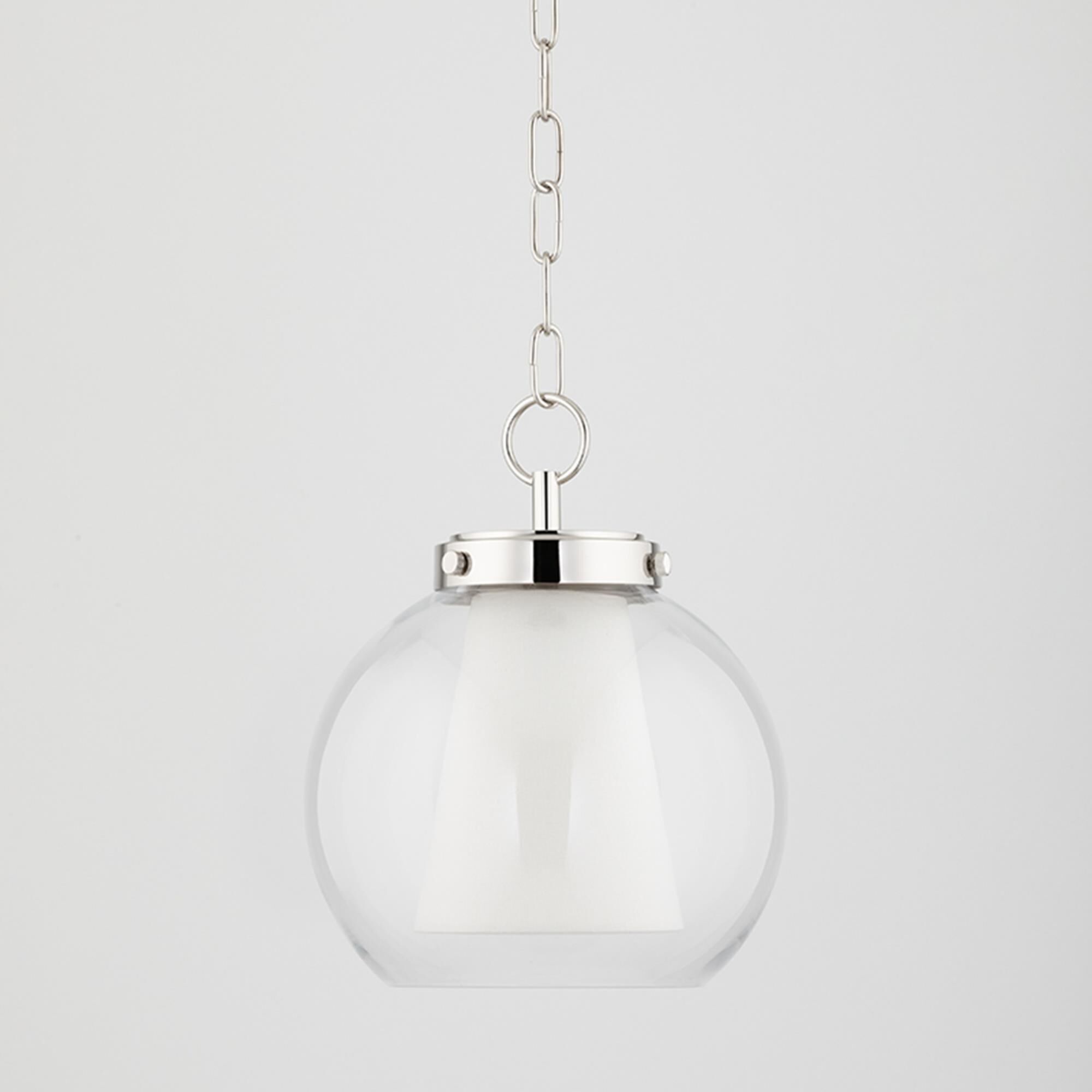 Shown in Polished Nickel finish and Clear glass and White Belgian Linen shade