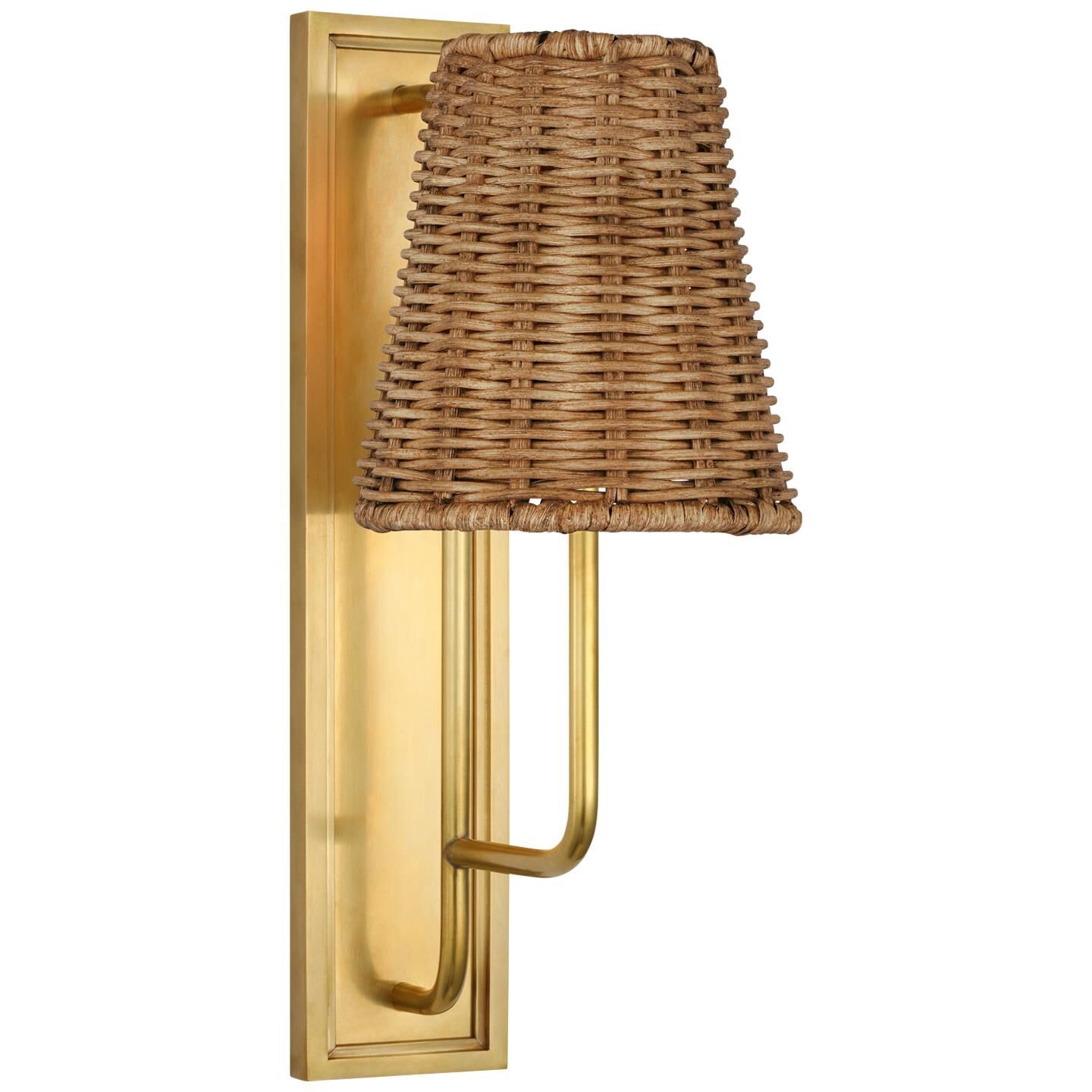 Shown in Hand-Rubbed Antique Brass finish and Natural Wicker shade