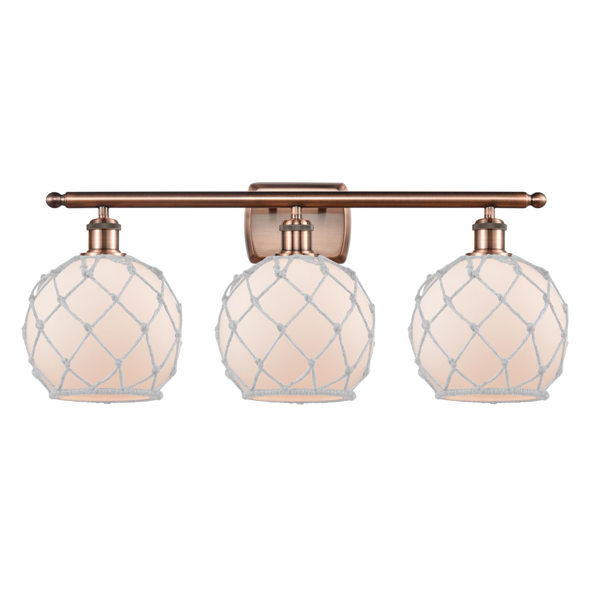 Shown in Antique Copper finish and Sphere glass and Glass And Rope shade and Polished Chrome accent