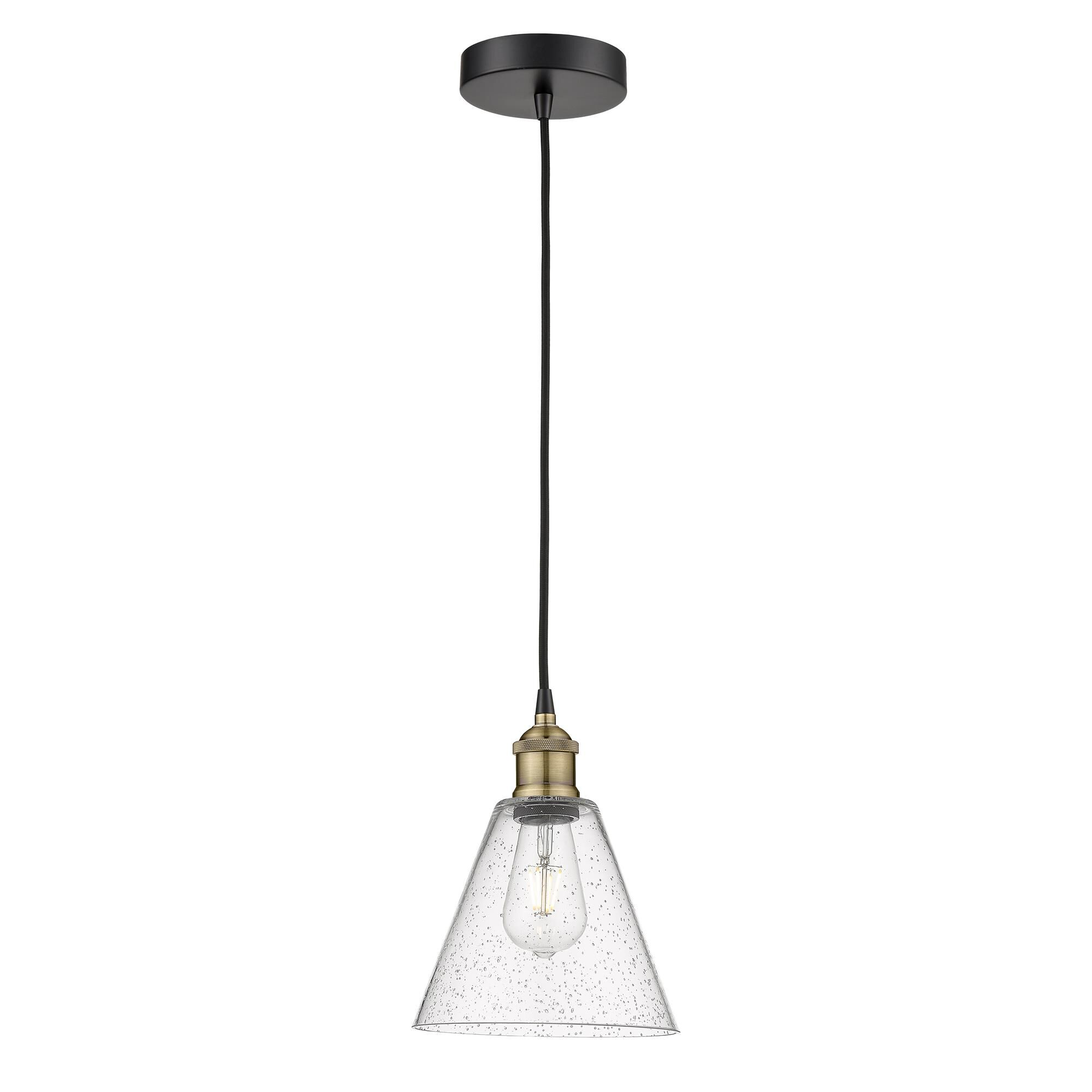 Shown in Black Antique Brass finish and Seedy glass