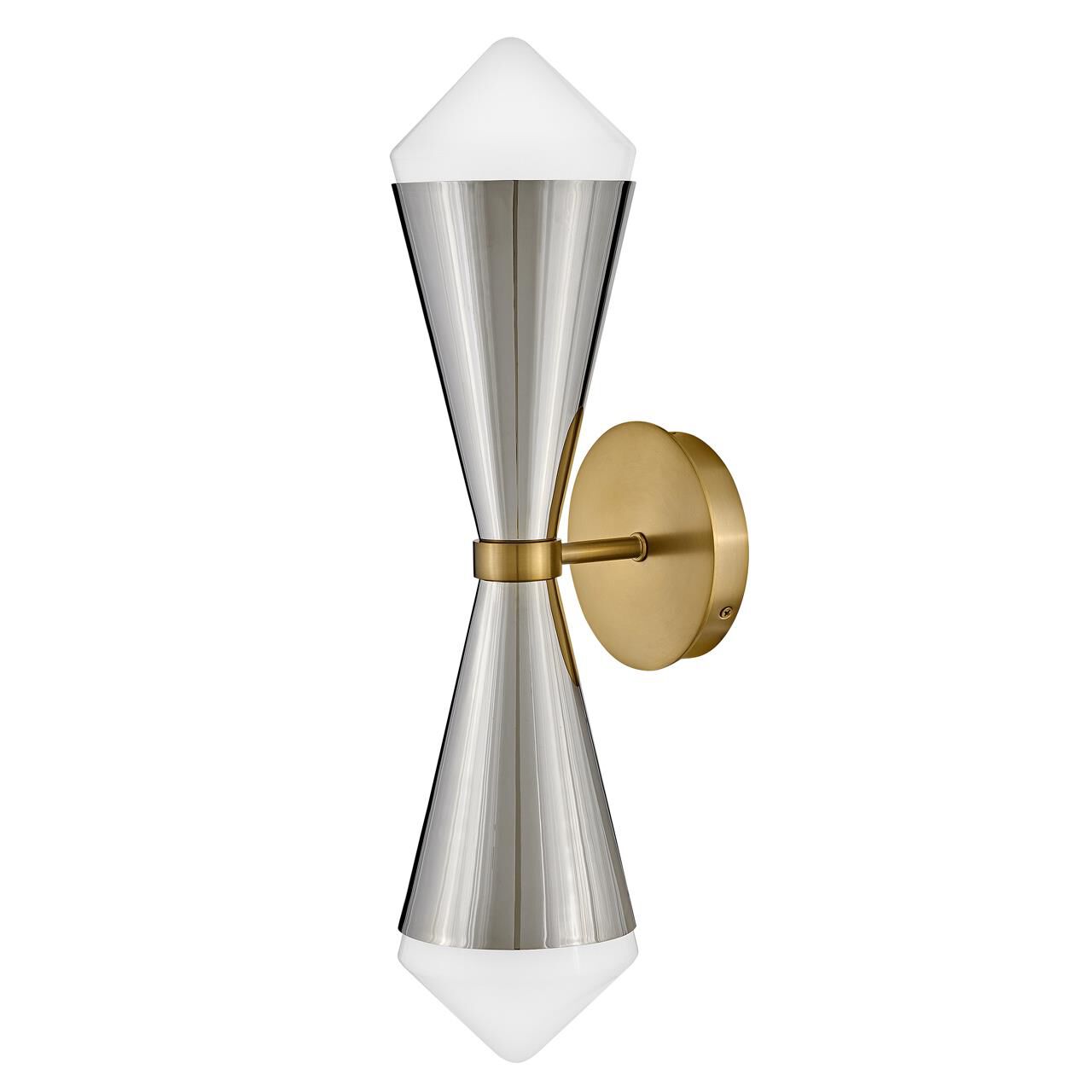 Shown in Polished Nickel finish and Cased Opal White glass and Lacquered Brass accent