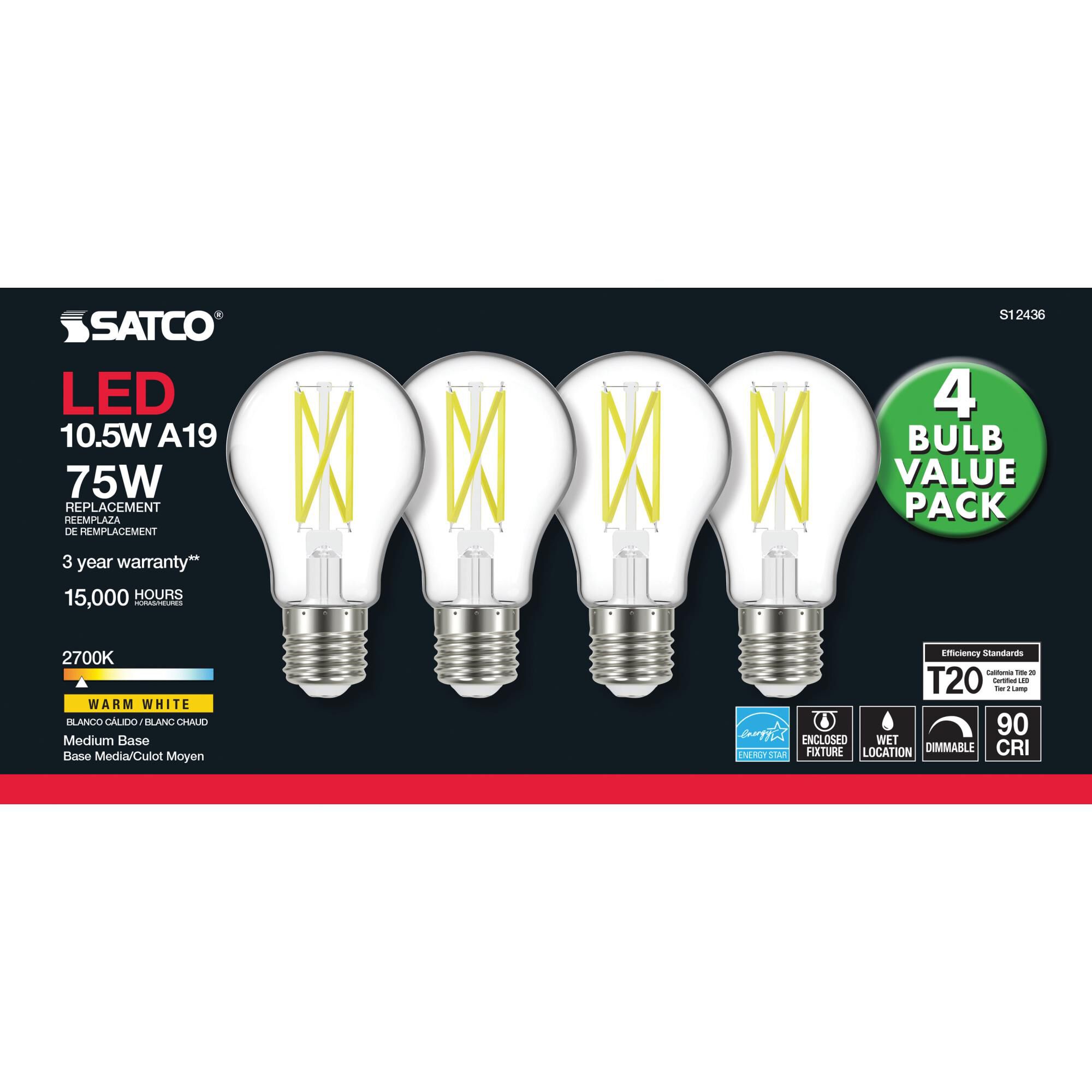 Dimmable 10.5 Watt 2700K A19 LED Light Bulb,