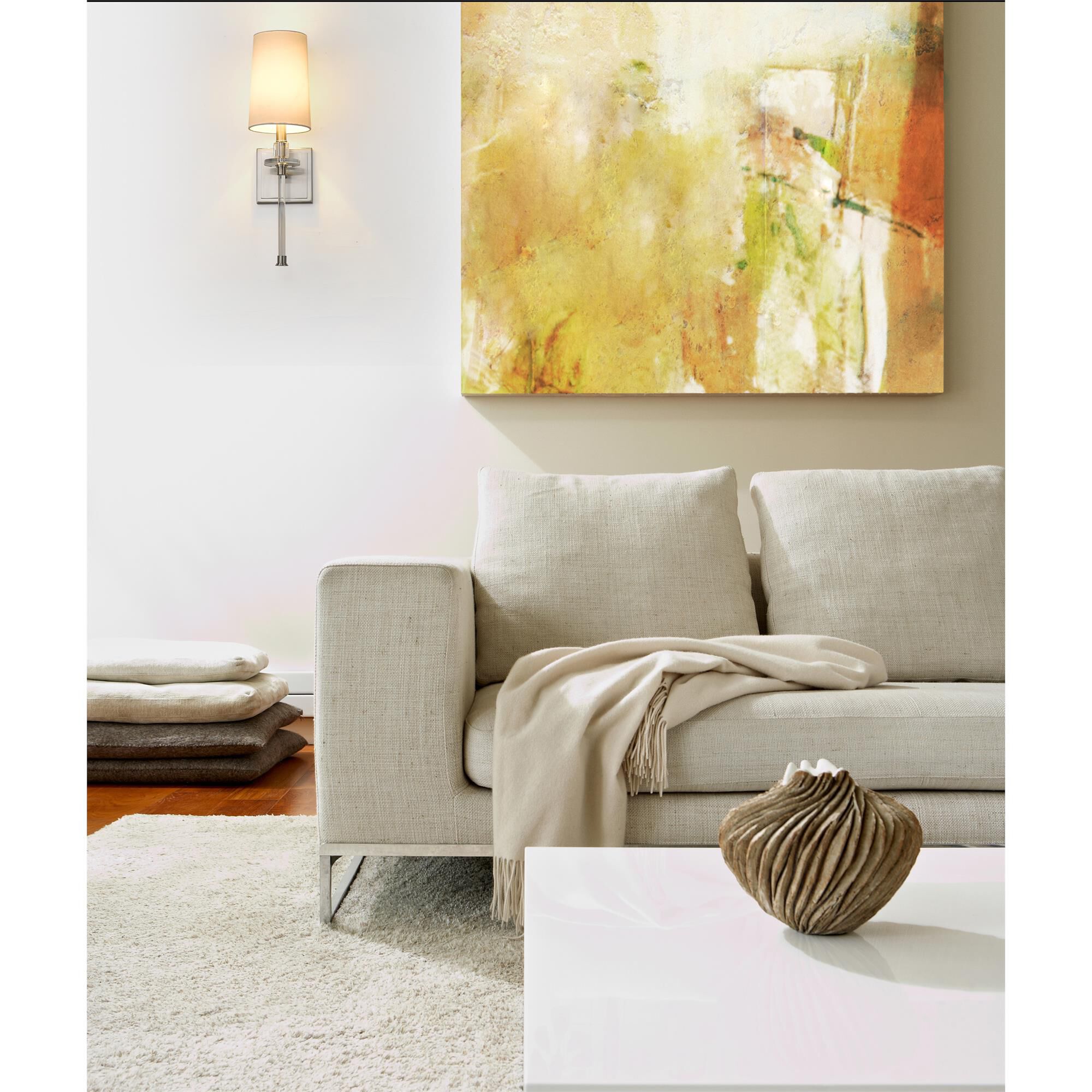 Shown in Brushed Nickel finish and Fabric glass and Fabric shade