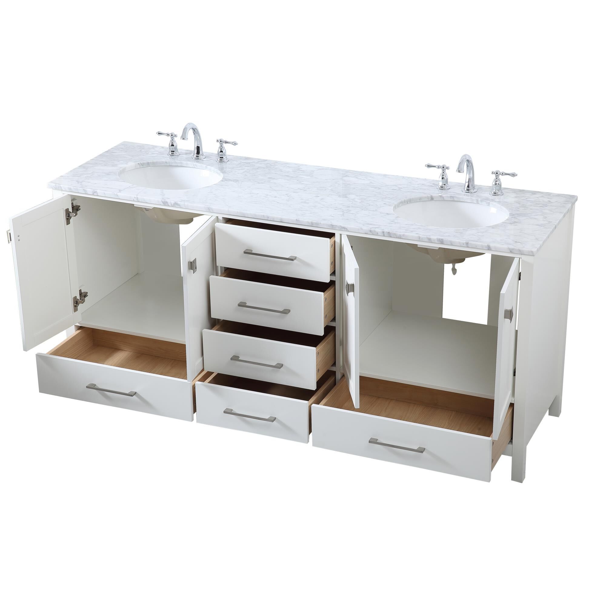 Shown in White And Brushed Nickel With Carrara White Marble finish