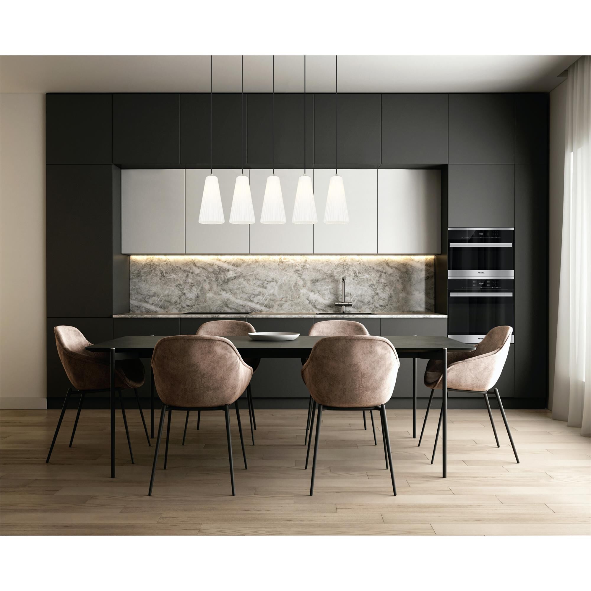 Shown in Brushed Nickel finish and White glass and White shade