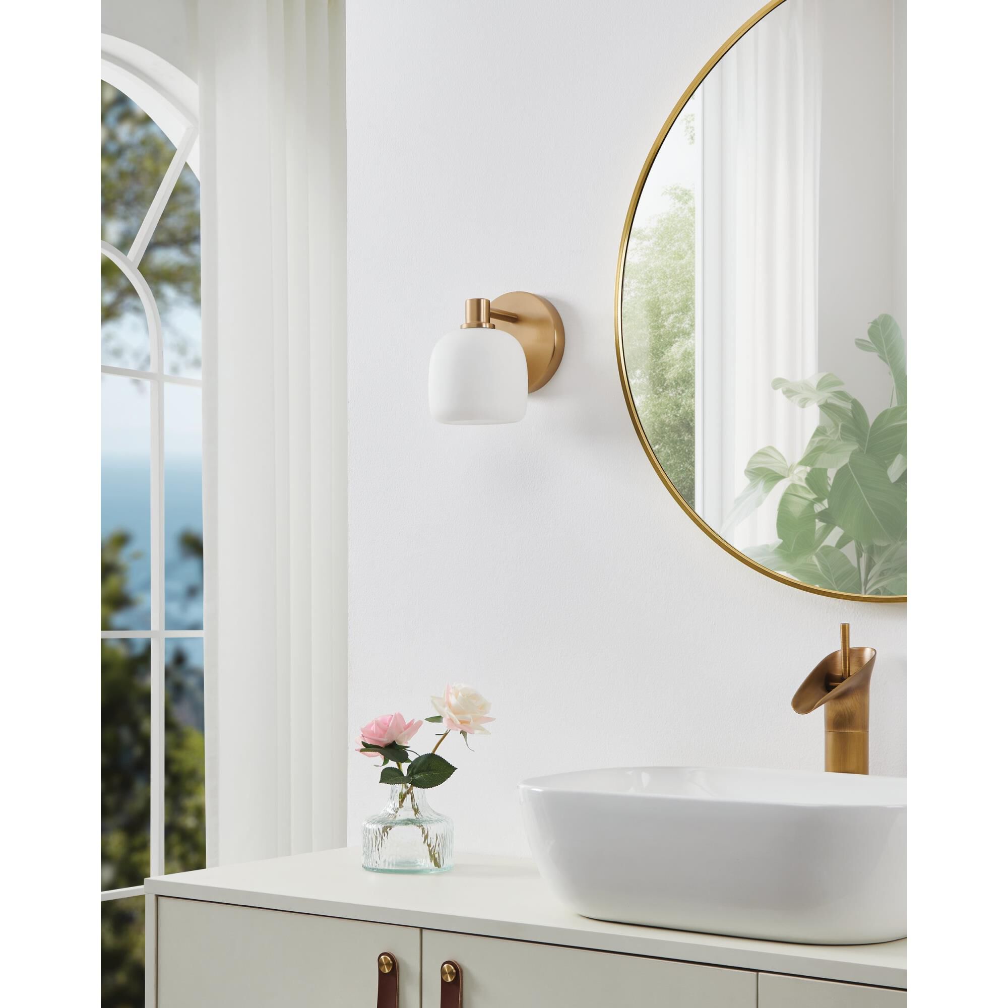 Shown in Champagne Gold finish and Etched Opal glass