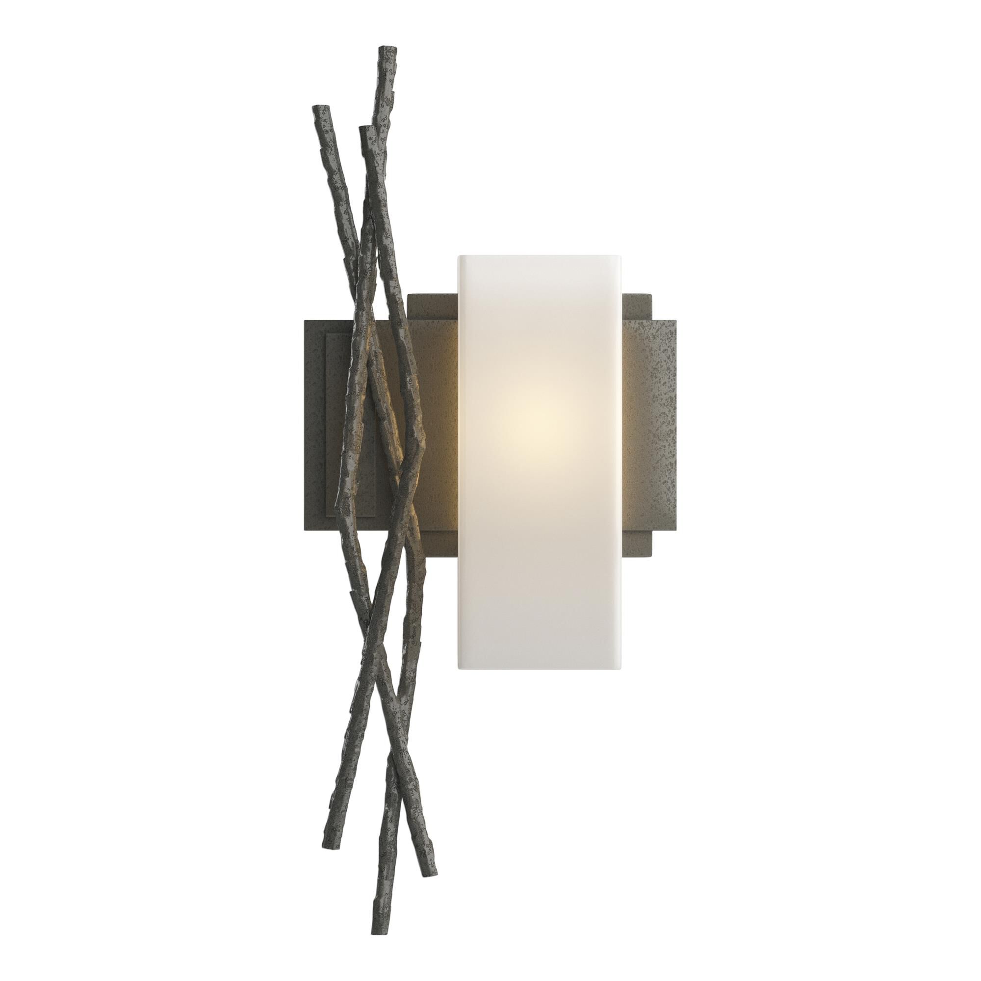 Shown in Natural Iron finish and Opal  glass and Orientation: Right accent