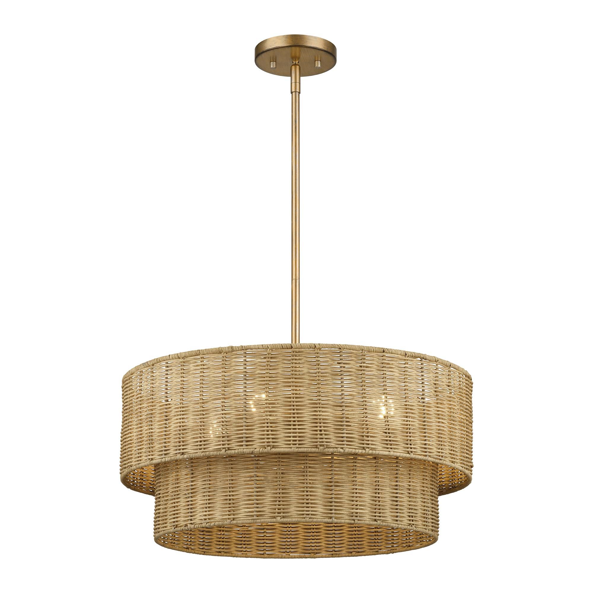 Shown in Antique Gold Leaf finish and Hand-Woven Rustic Walnut Color Rattan shade
