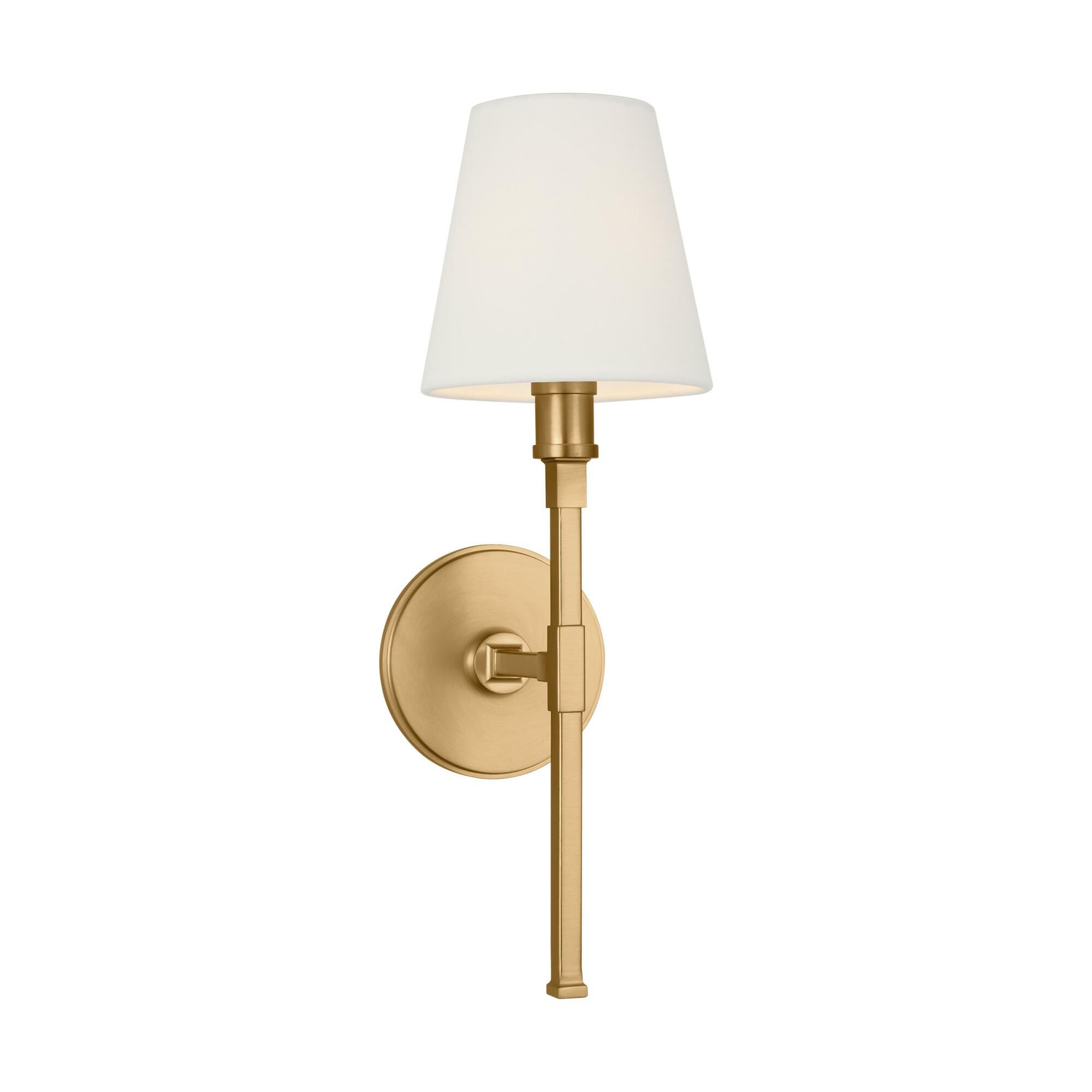 Shown in Burnished Brass finish and White Linen shade