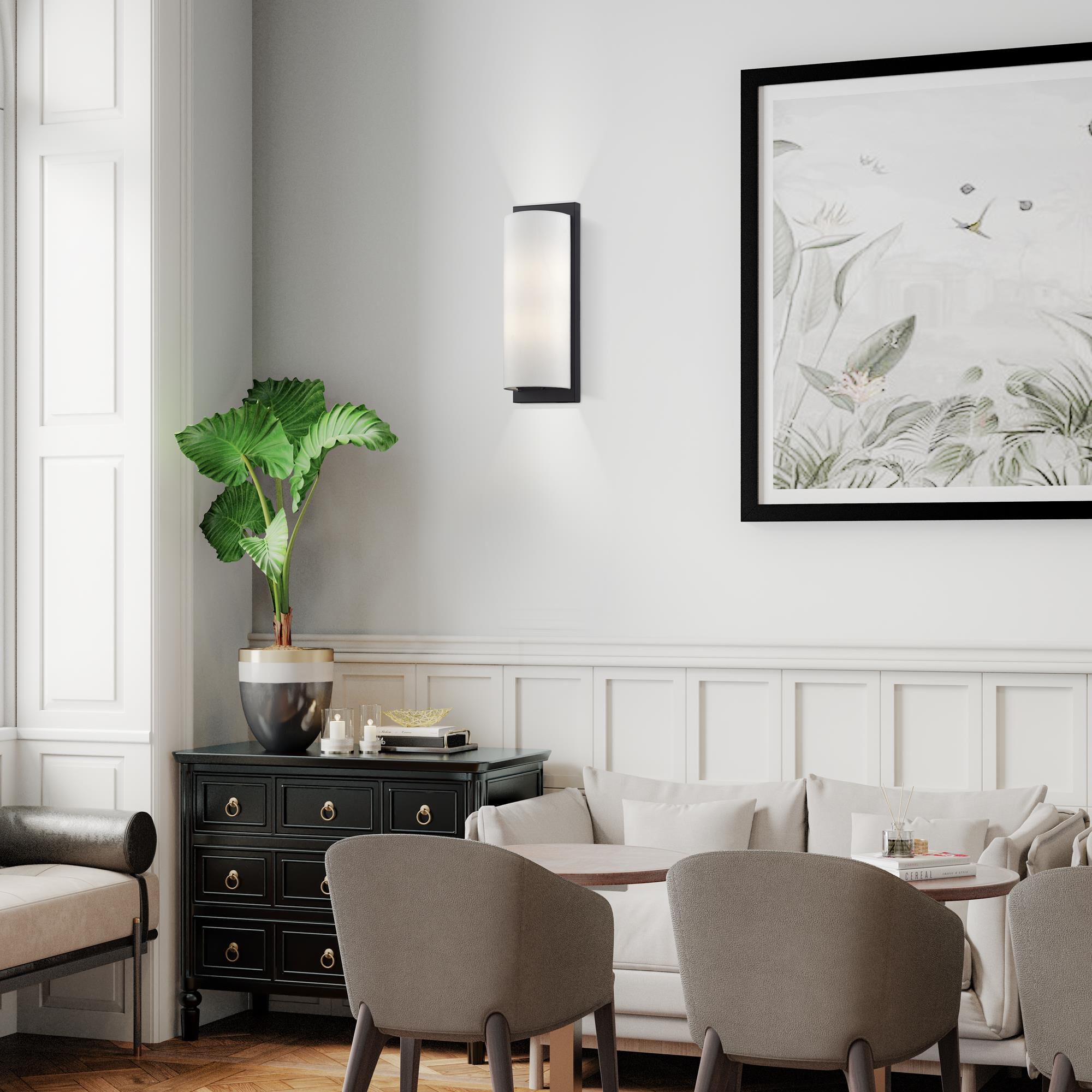 Shown in Black finish and Hand Crafted Off-White Fabric Hardback shade
