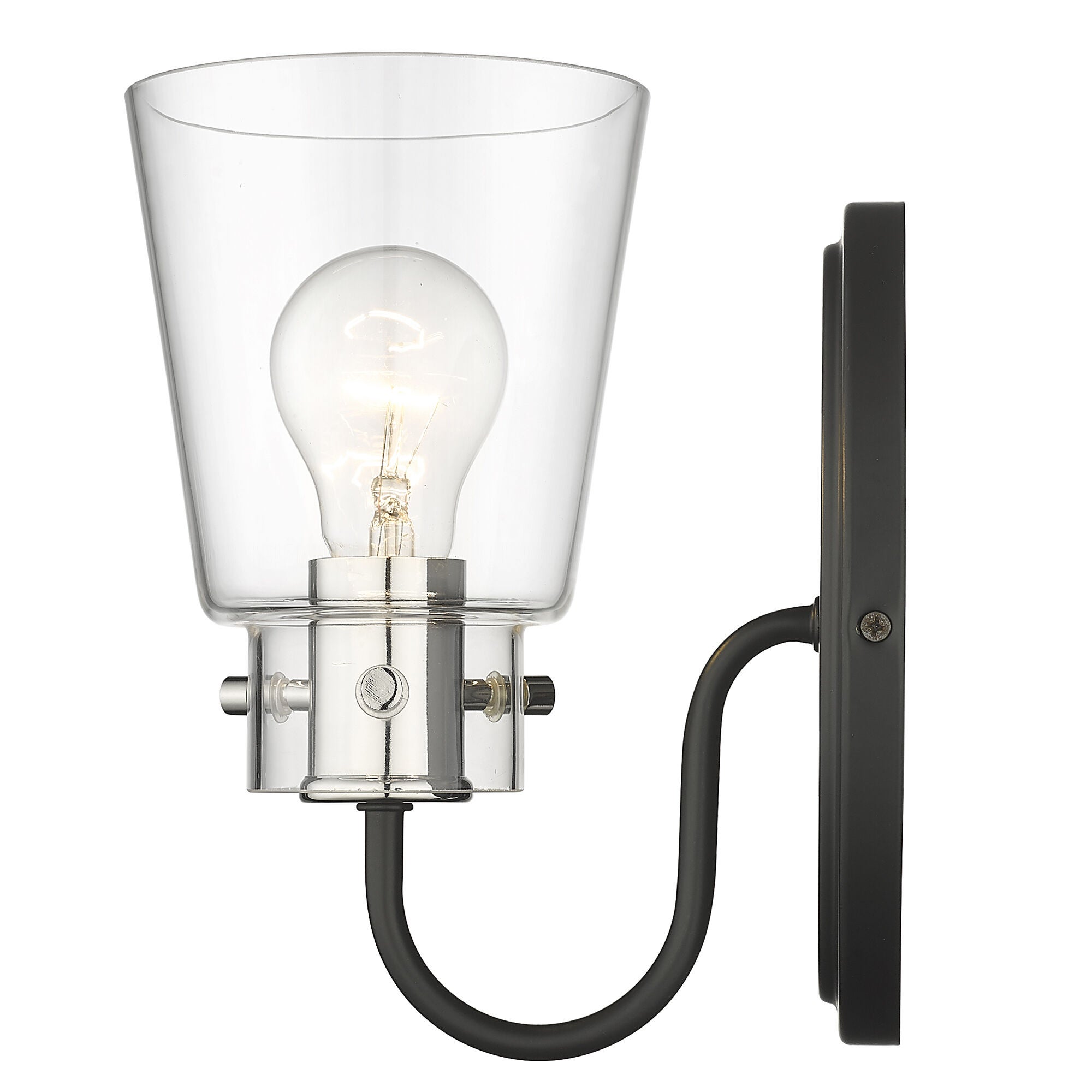 Shown in Matte Black And Polished Nickel finish and Clear Glass shade