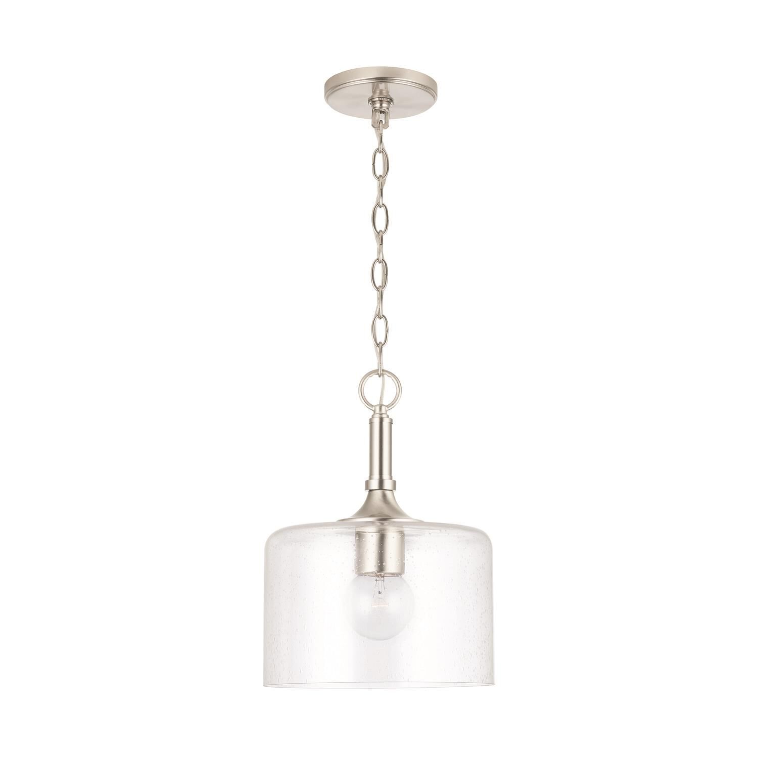 Shown in Brushed Nickel finish and Clear Seeded glass