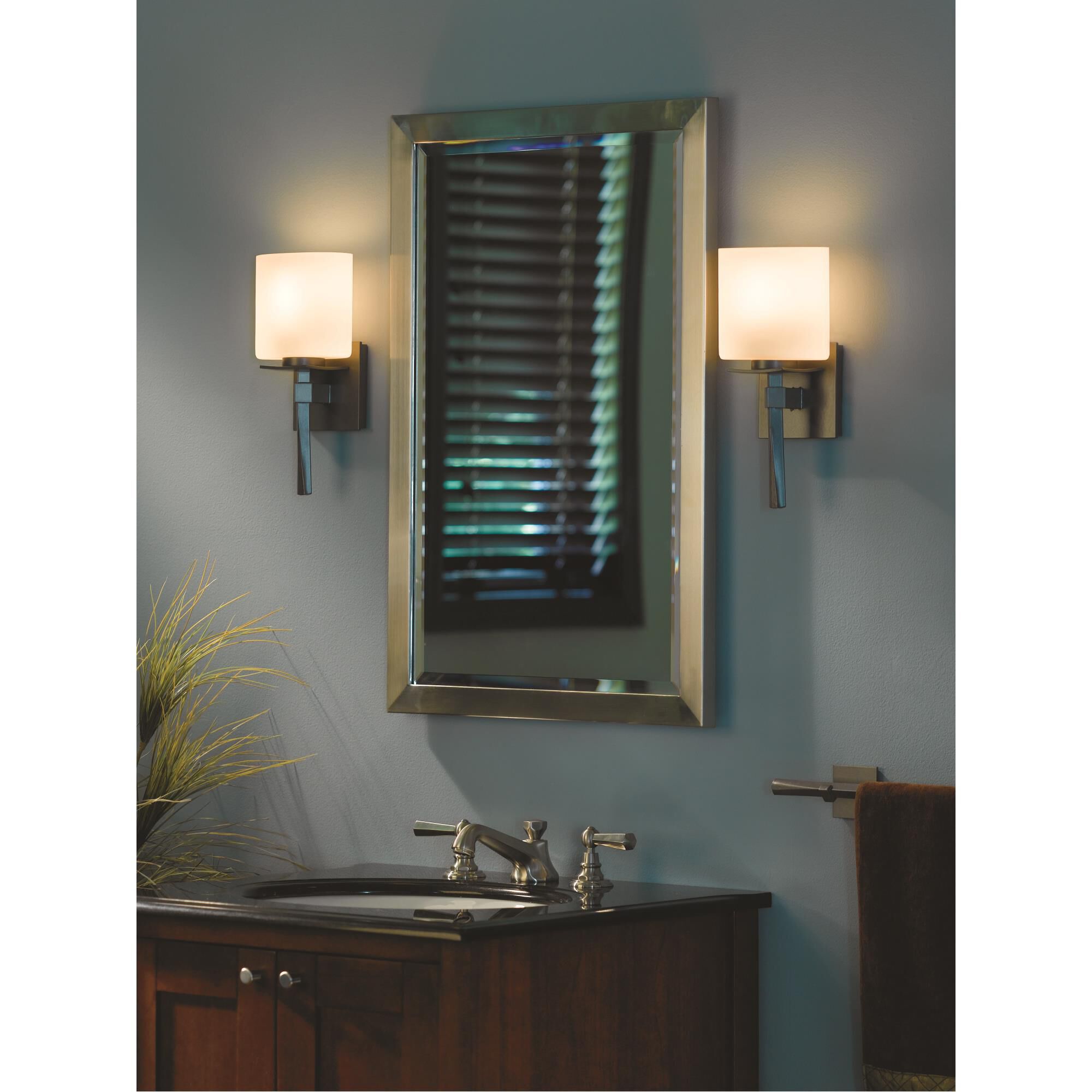 Shown in Dark Smoke finish and Opal  glass