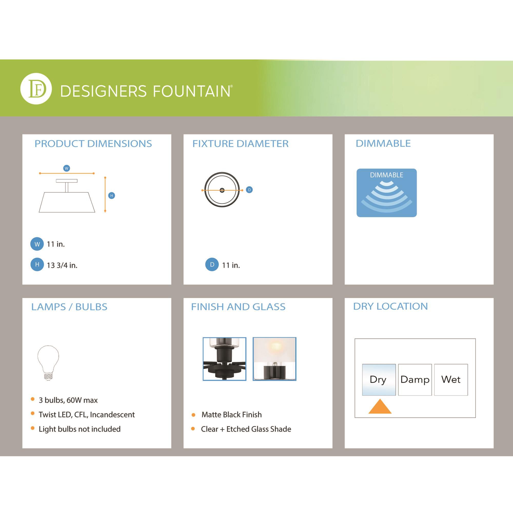 Shown in Matte Black finish and Clear + Etched glass and Clear + Etched Glass shade