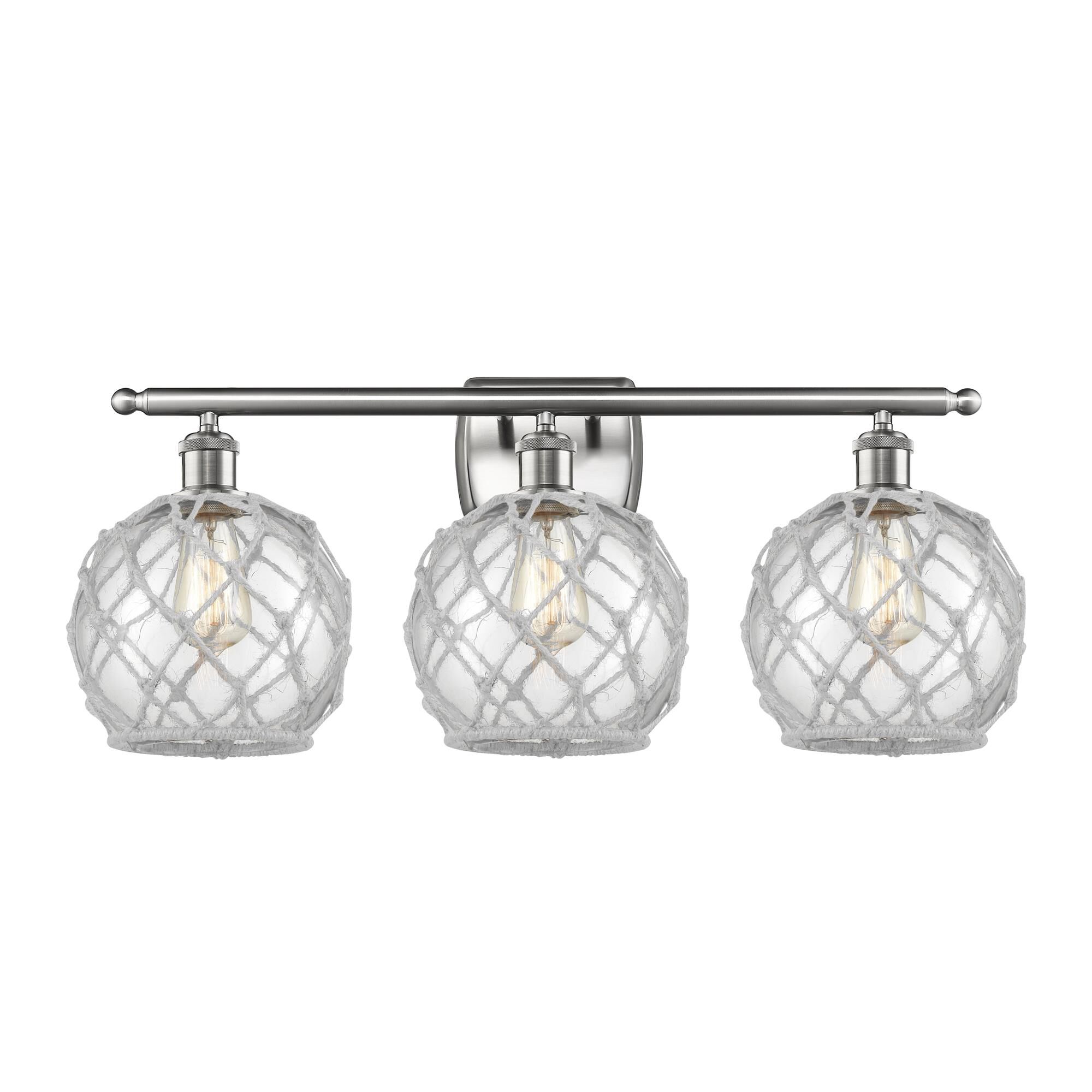 Shown in Brushed Satin Nickel finish and Clear With White Rope glass