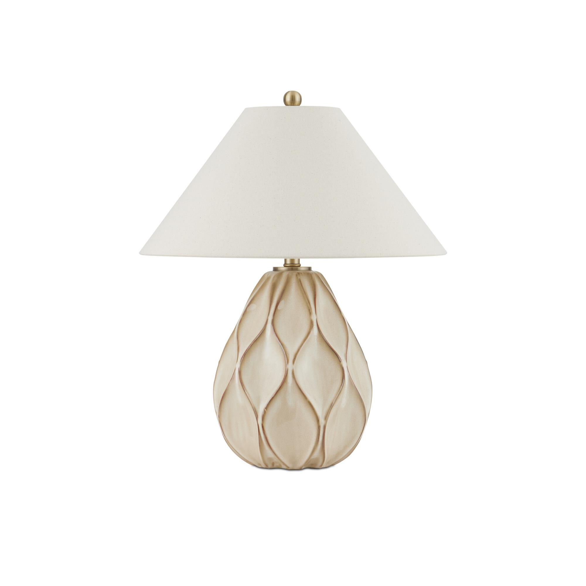 Shown in Beige/Dark Brown/Light Antique Brass finish and Off-White Linen shade