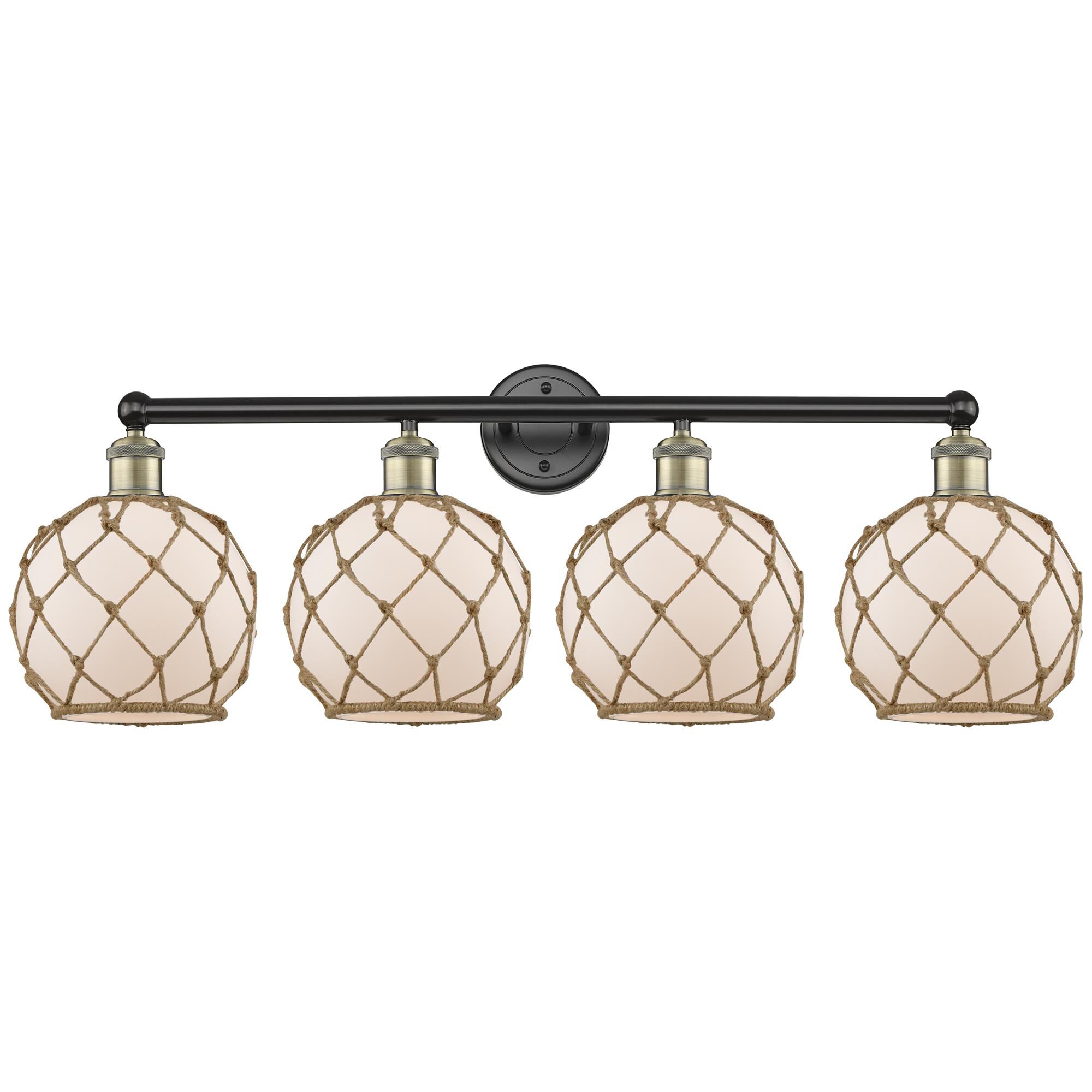 Shown in Black Antique Brass finish and White with Brown Rope glass