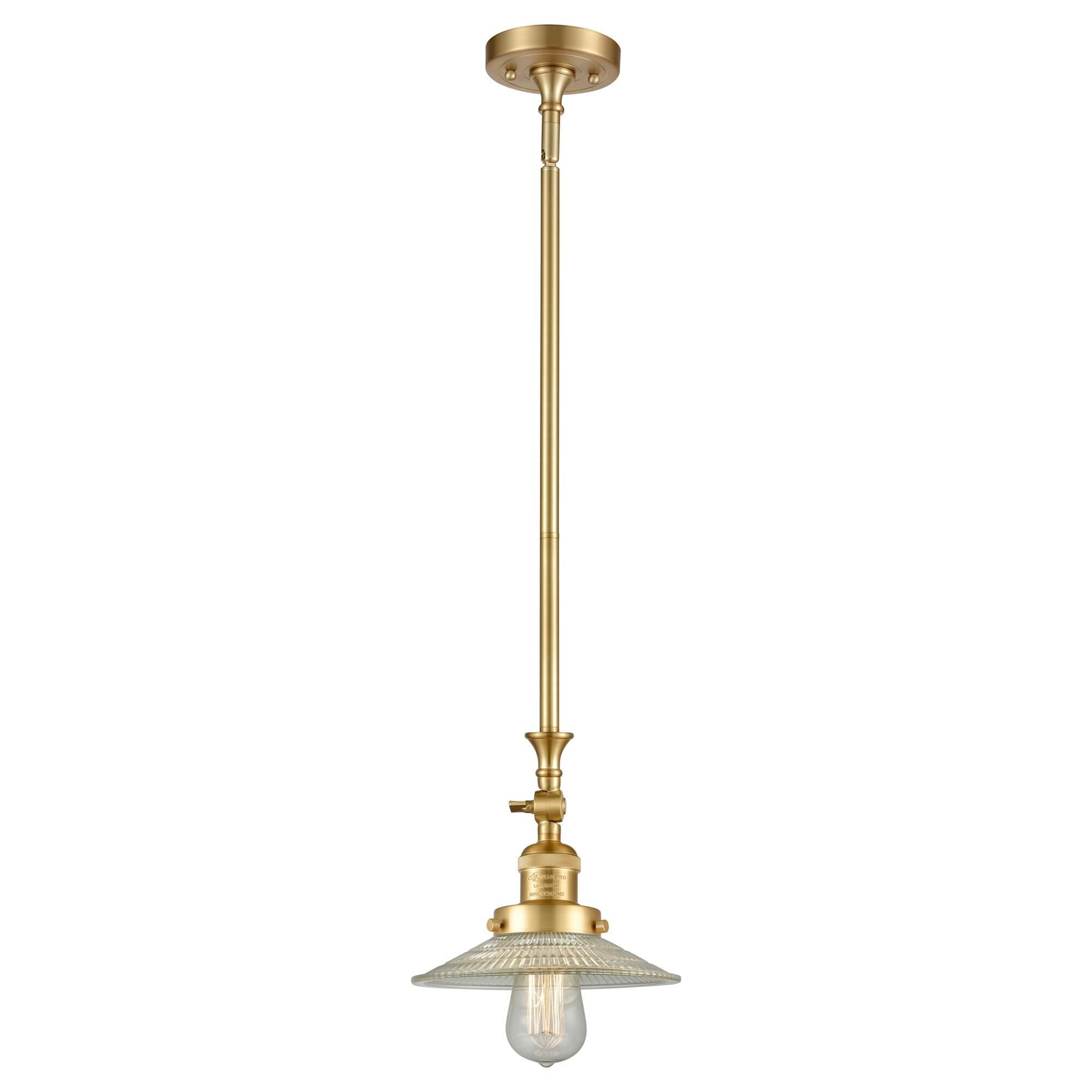 Shown in Satin Gold finish and Clear Halophane glass