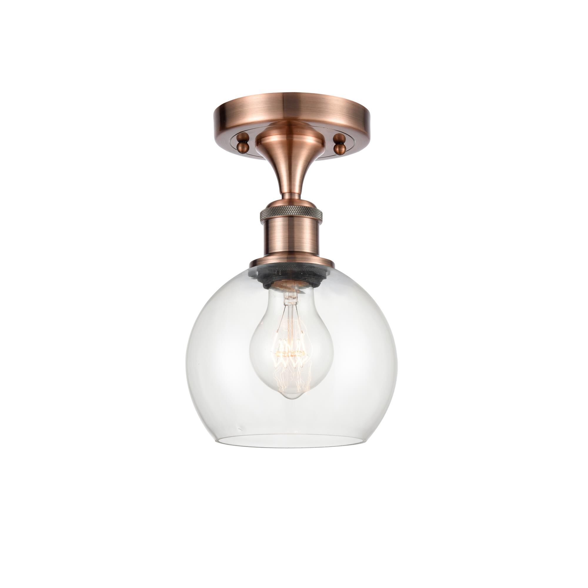 Shown in Antique Copper finish and Clear Athens glass and No Shade shade