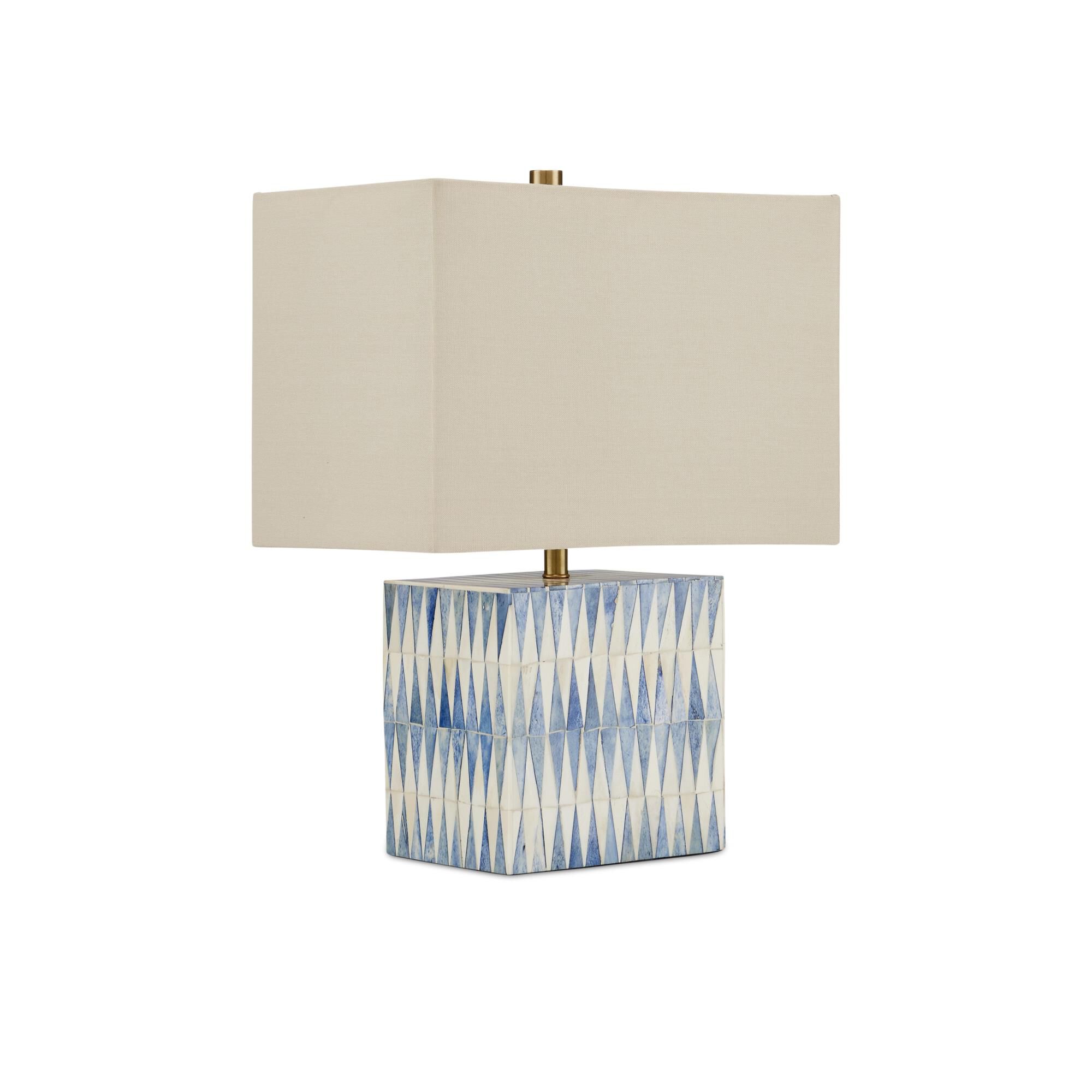 Shown in Blue/White/Brushed Brass finish and Light Beige Linen shade