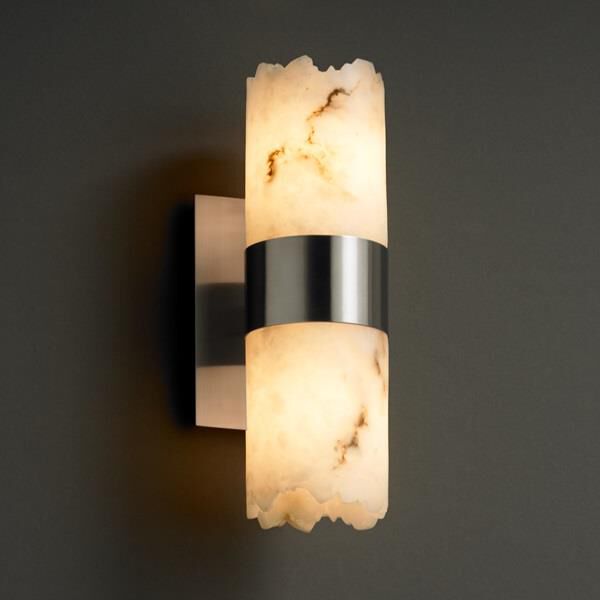 Shown in Brushed Nickel finish and Faux Alabaster Resin glass and Cylinder with Broken Rim accent