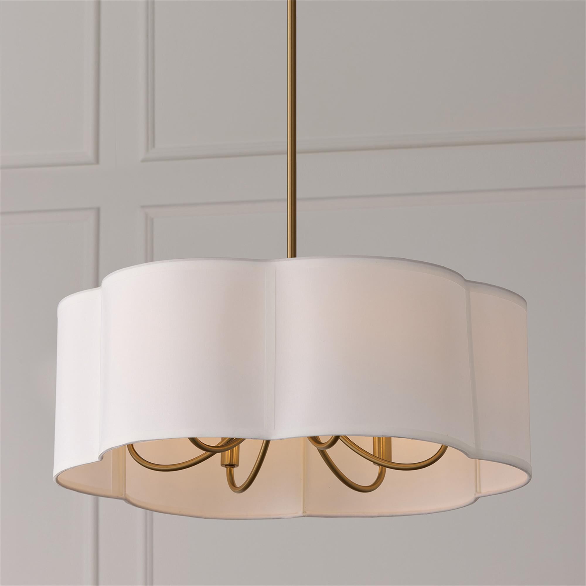Shown in Matte Brass finish and White Fabric shade