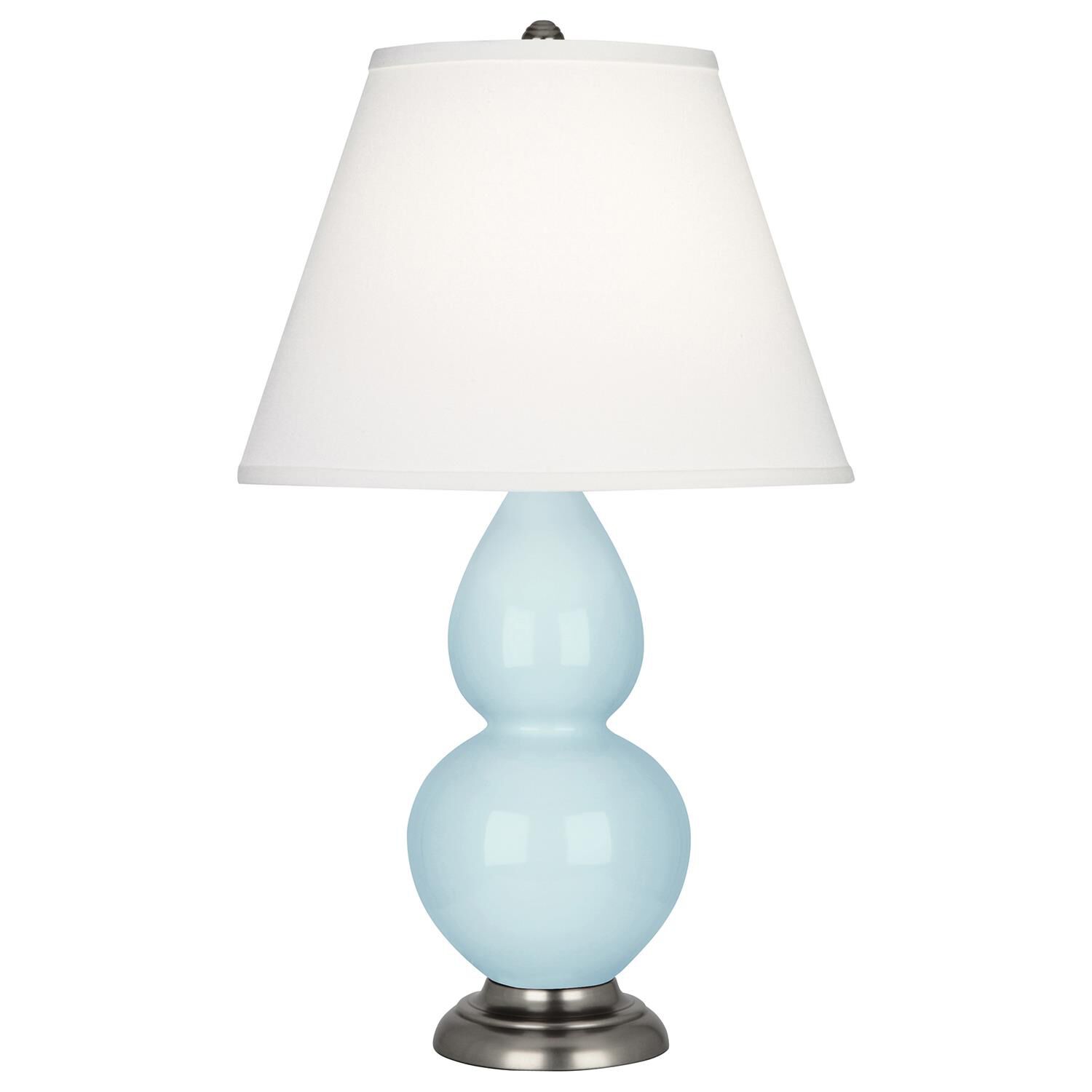 Shown in Baby Blue Glazed Ceramic With Antique Silver ed Accents finish and Pearl Dupioni Fabric shade