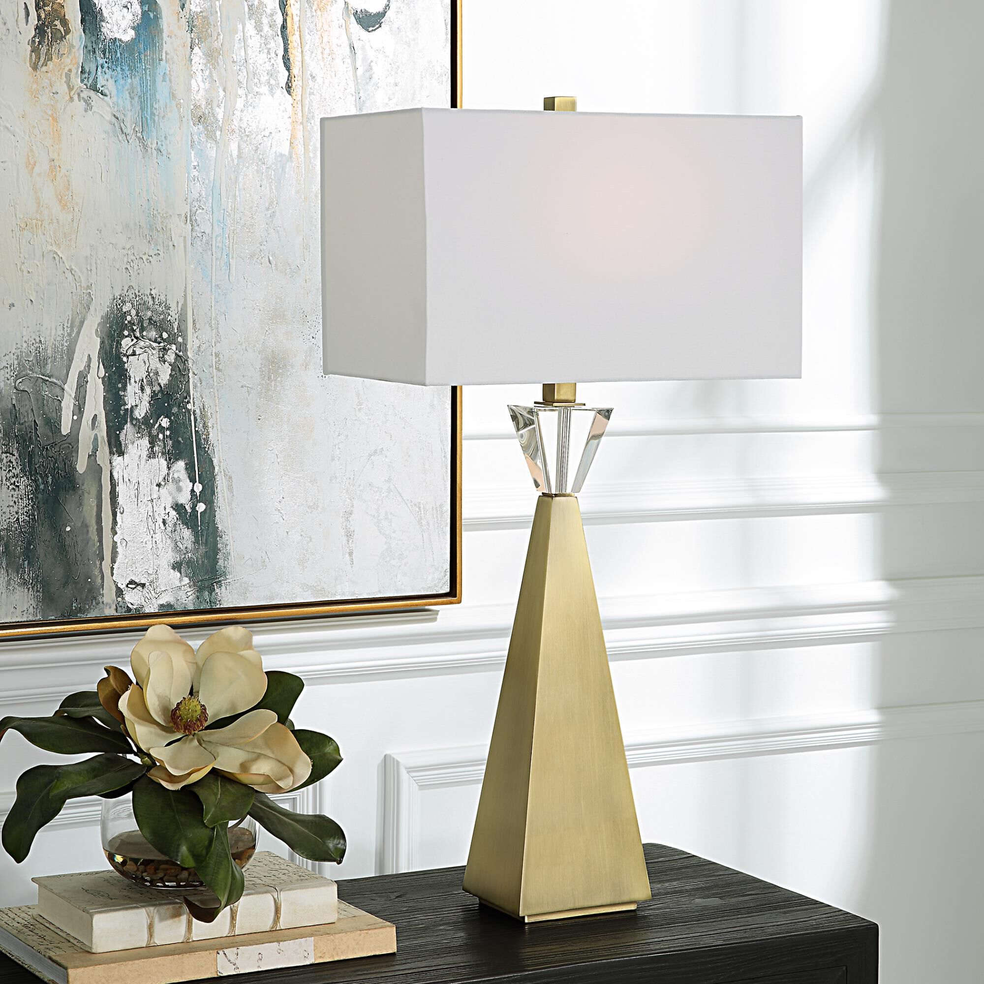 Shown in Contemporary In Design Yet Elegant In Style, This Table Lamp Features A Tapered Iron Base Finish In  finish and Rectangle Drum shade
