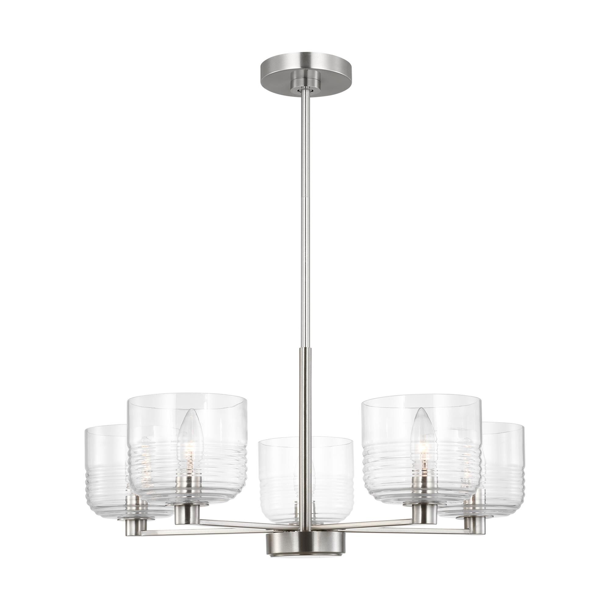 Shown in Brushed Nickel finish and Clear Ribbed glass