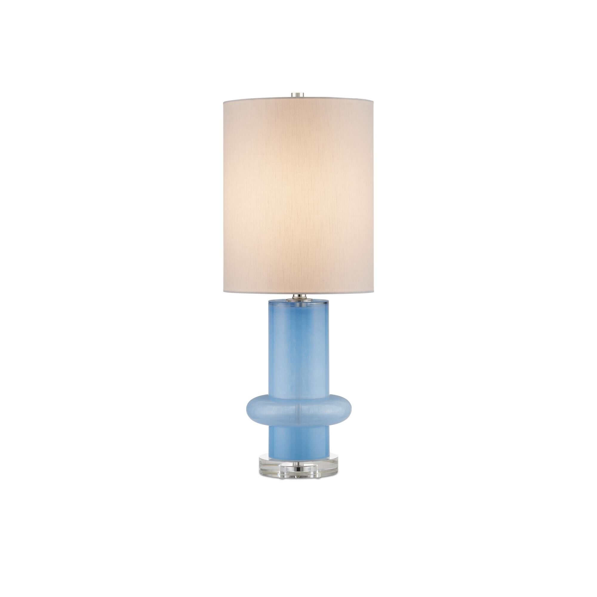 Shown in Blue/Clear/Polished Nickel finish and White Linen shade