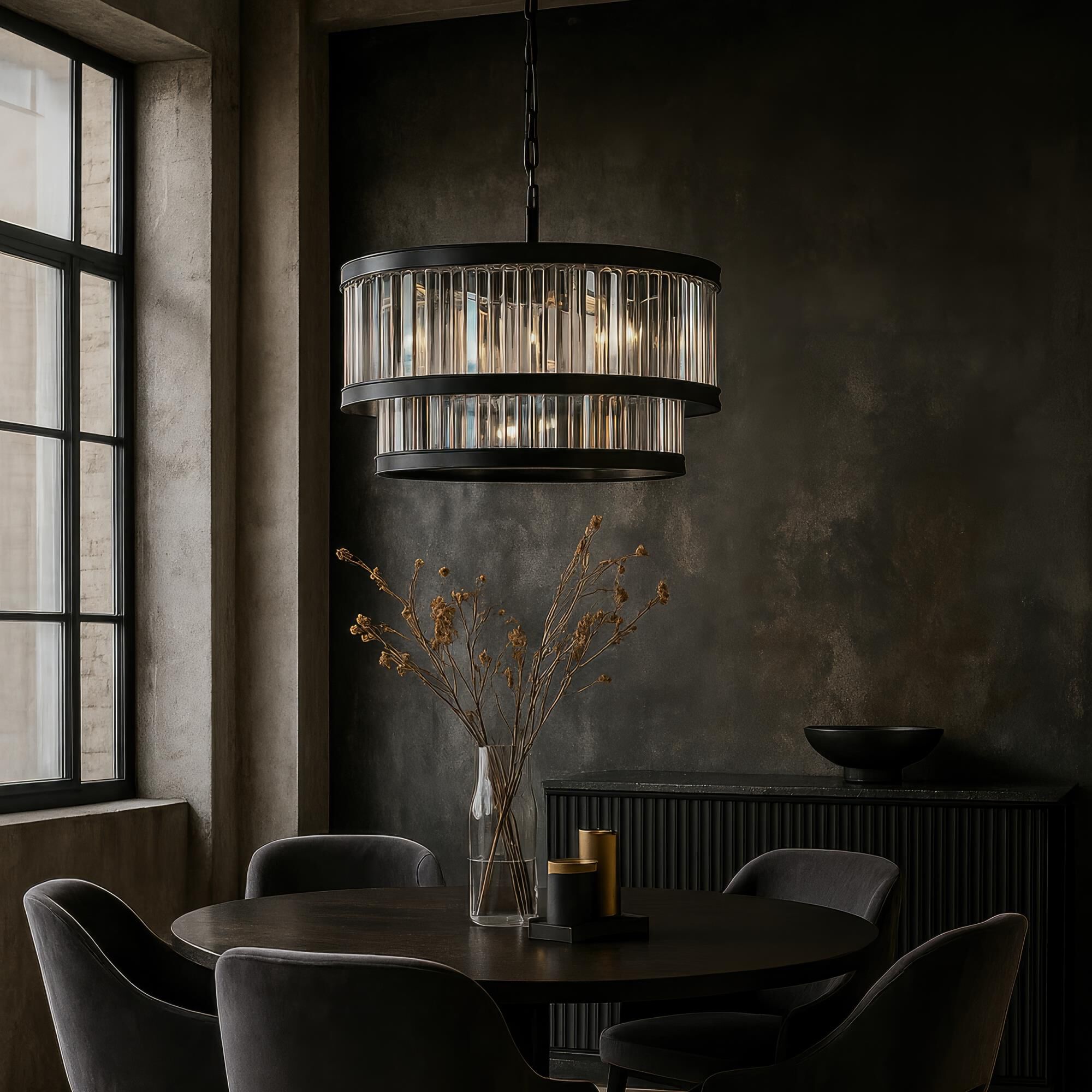 Shown in Black finish and Crystal Clear glass