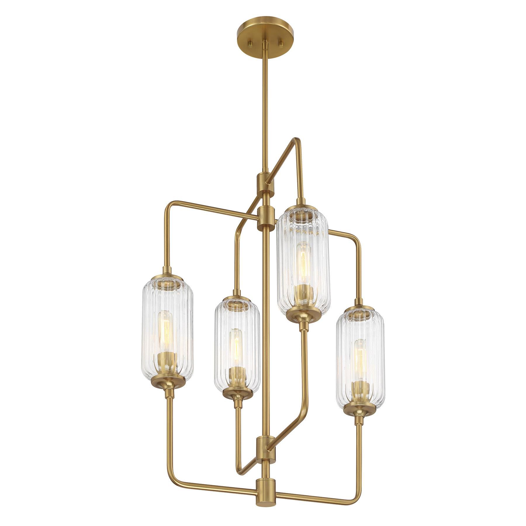 Shown in Warm Brass finish and Clear Ribbed glass