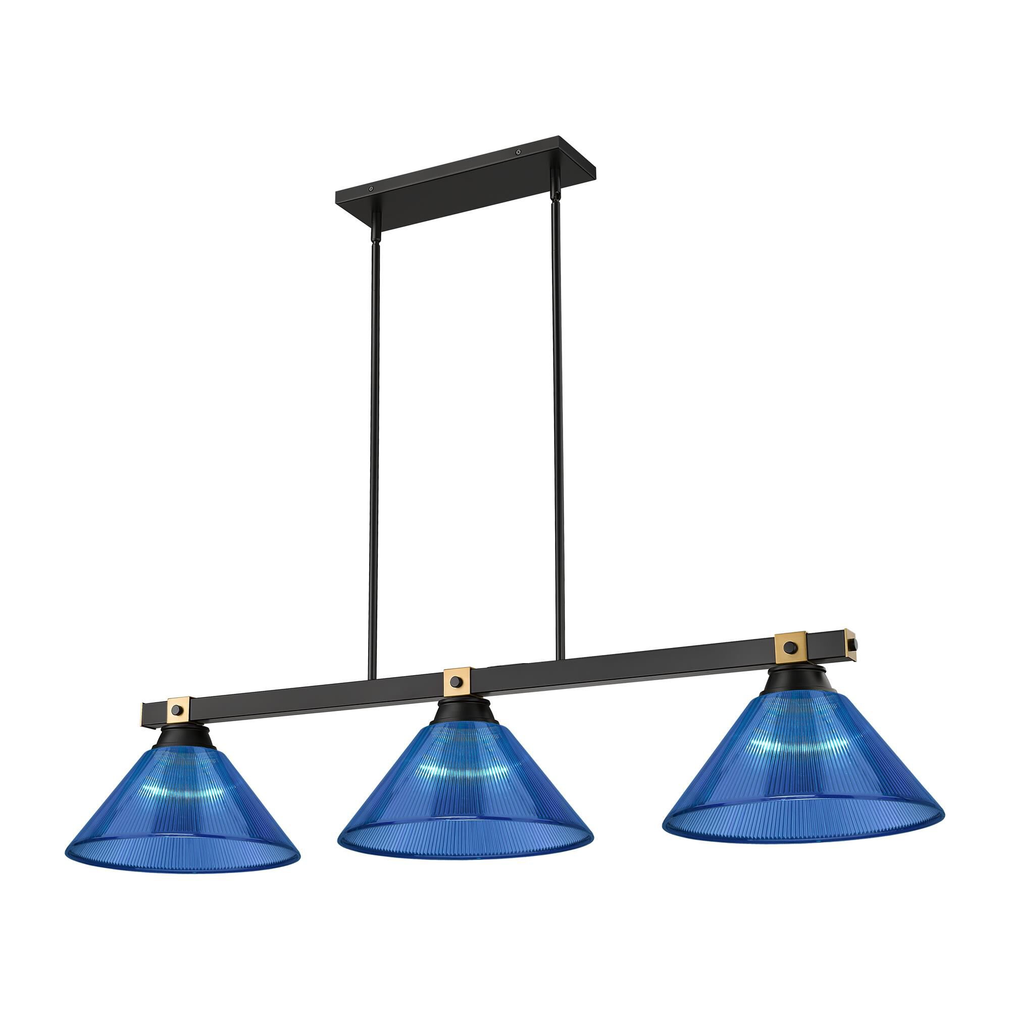Shown in Matte Black + Rubbed Brass finish and Dark Blue glass and Dark Blue shade