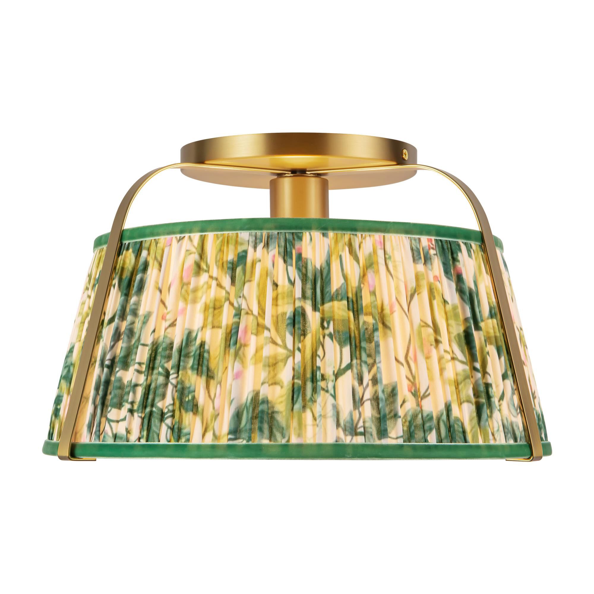 Shown in Brushed Gold finish and Frosted Polycarbonate Diffuser glass and Green Linen shade