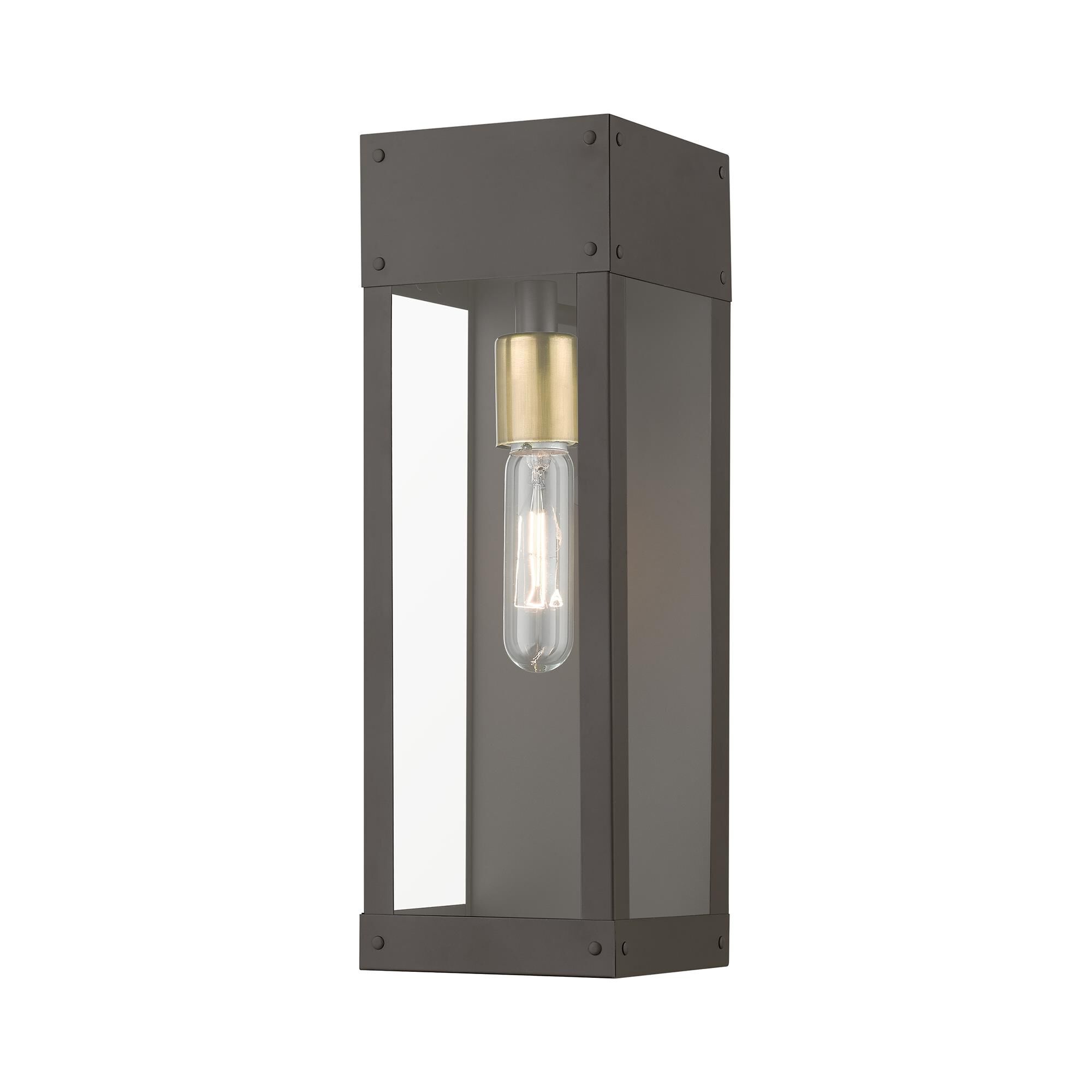 Shown in Bronze with Antique Brass Candle finish and Clear glass
