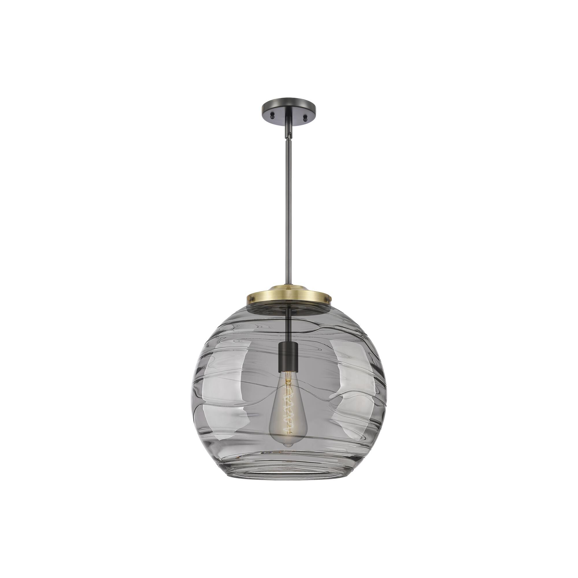 Shown in Black Antique Brass finish and Light Smoke Deco Swirl glass
