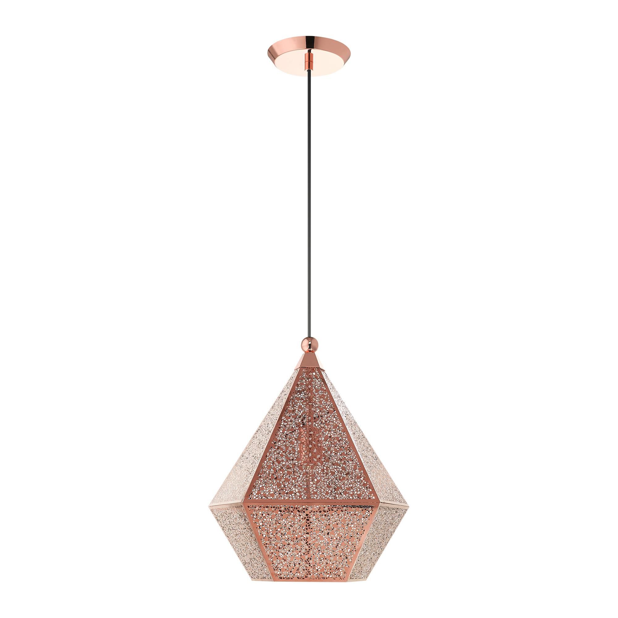 Shown in Rose Gold finish and Rose Gold Filigreed Metal Shade glass and Rose Gold Filigreed Metal shade