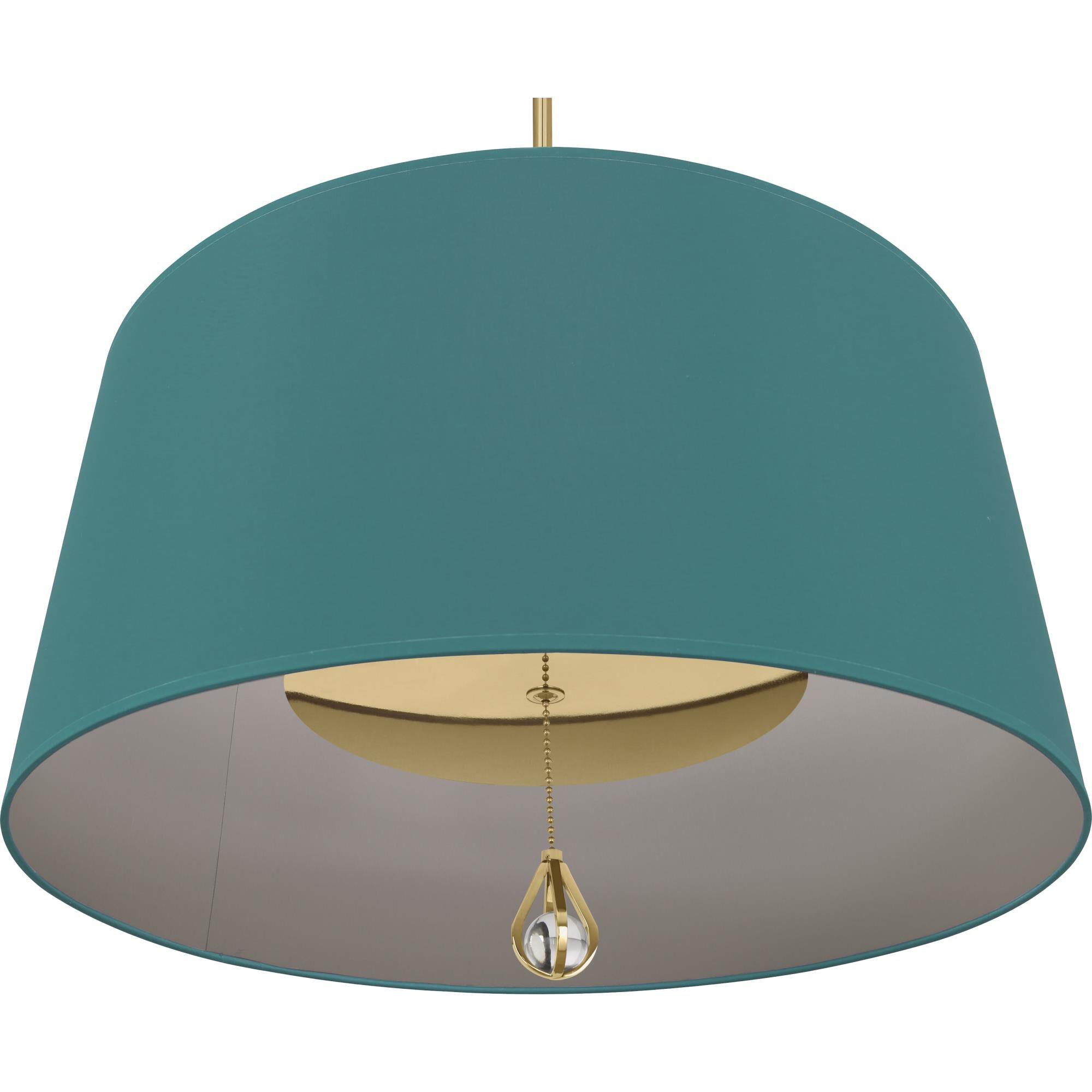 Shown in Modern Brass finish and Mayo Teal Fabric With Carter Gray Lining shade