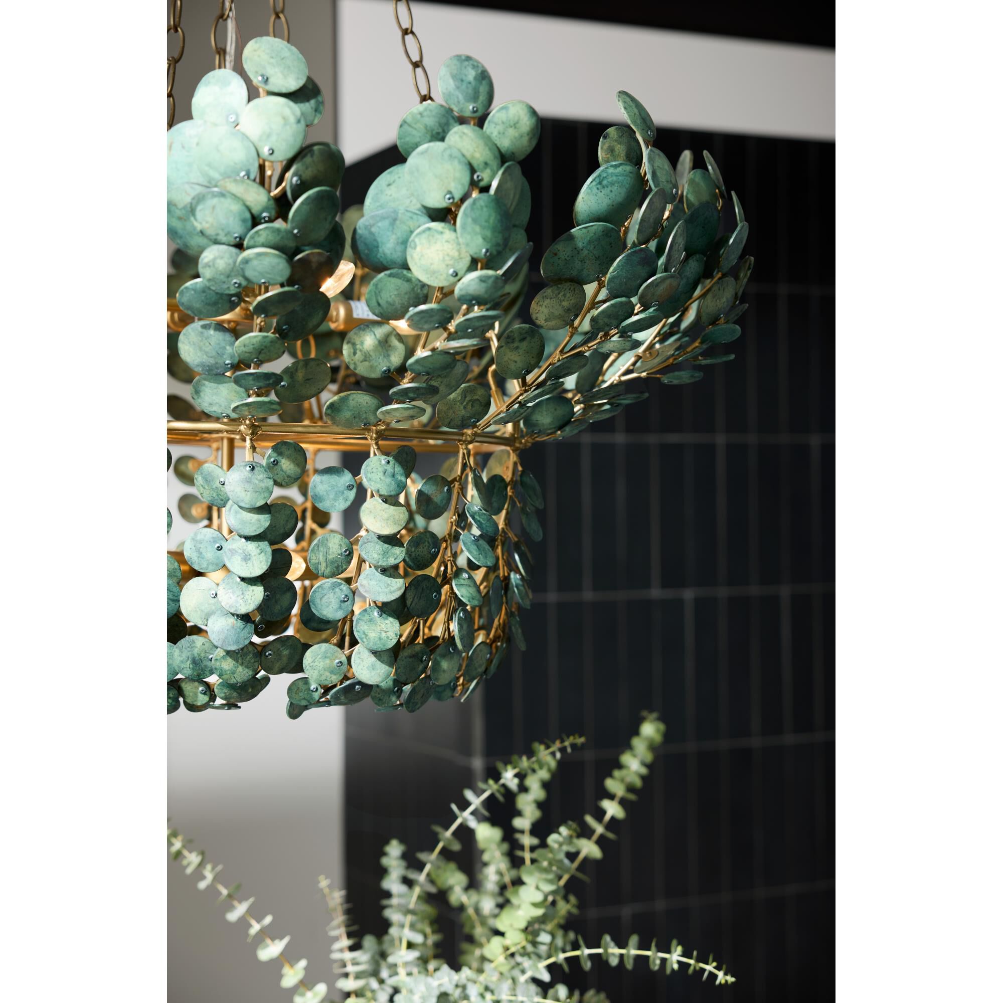 Shown in Antique Brass Iron  finish and Eucalyptus Coconut Shell shade