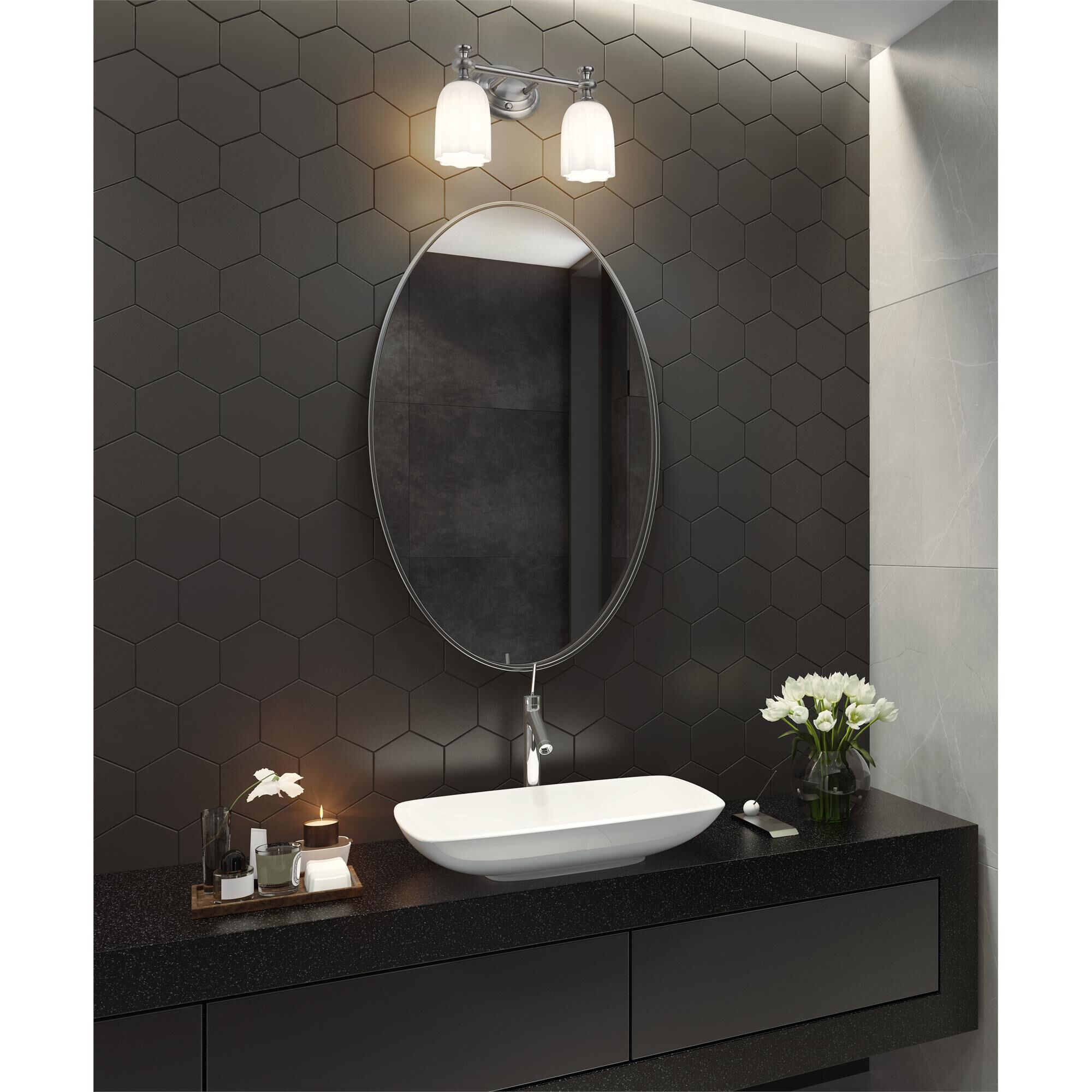 Shown in Brushed Nickel finish and Opal Etched glass and Opal Etched shade