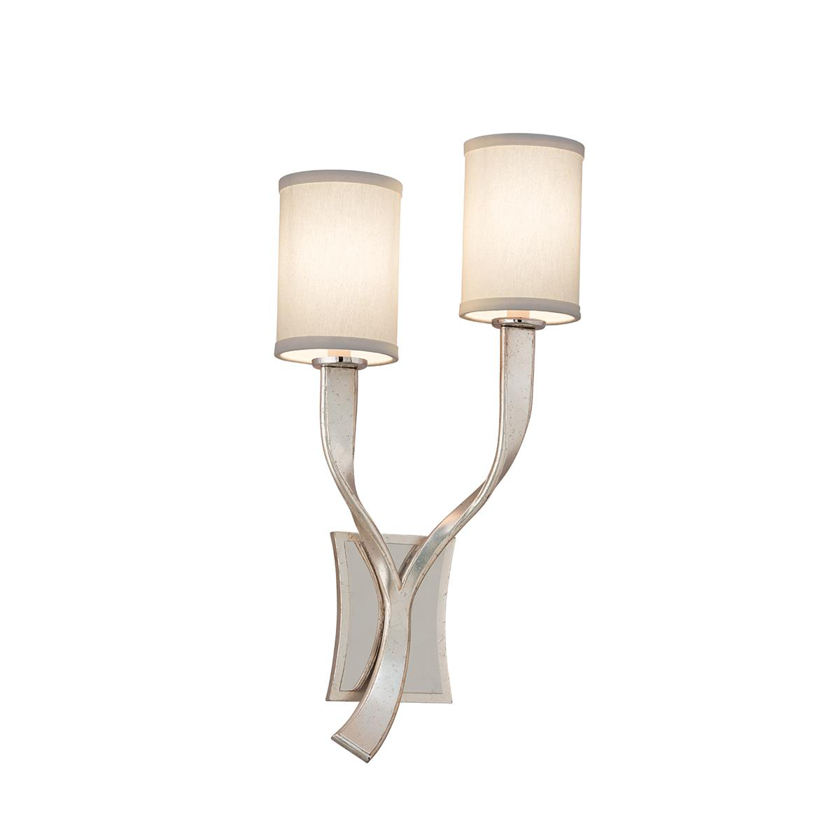 Shown in Modern Silver Leaf With Polished Stainless Accents finish and Cream glass and Hardback Linen shade