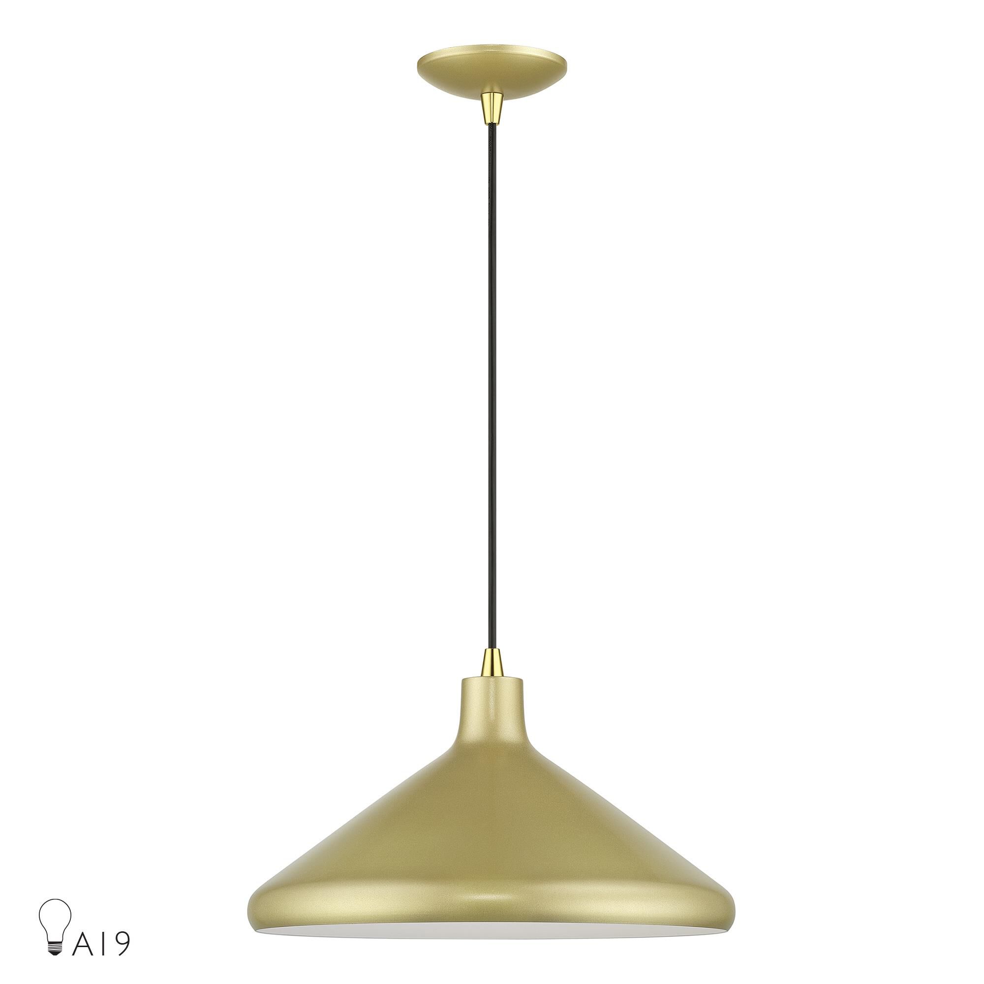 Shown in Soft Gold with Polished Brass Accents finish and Soft Gold Aluminum with White Inside shade