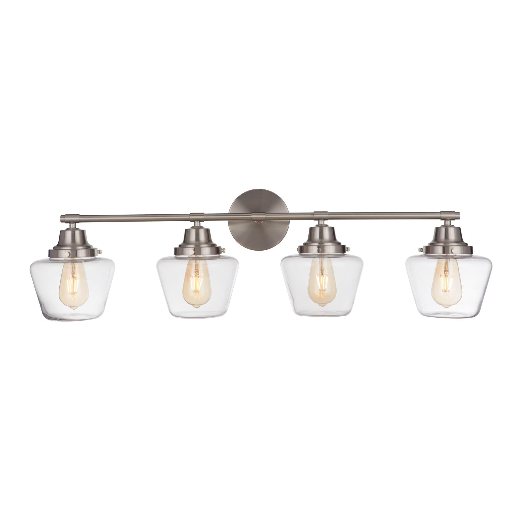 Shown in Brushed Polished Nickel finish and Clear glass and Glass shade