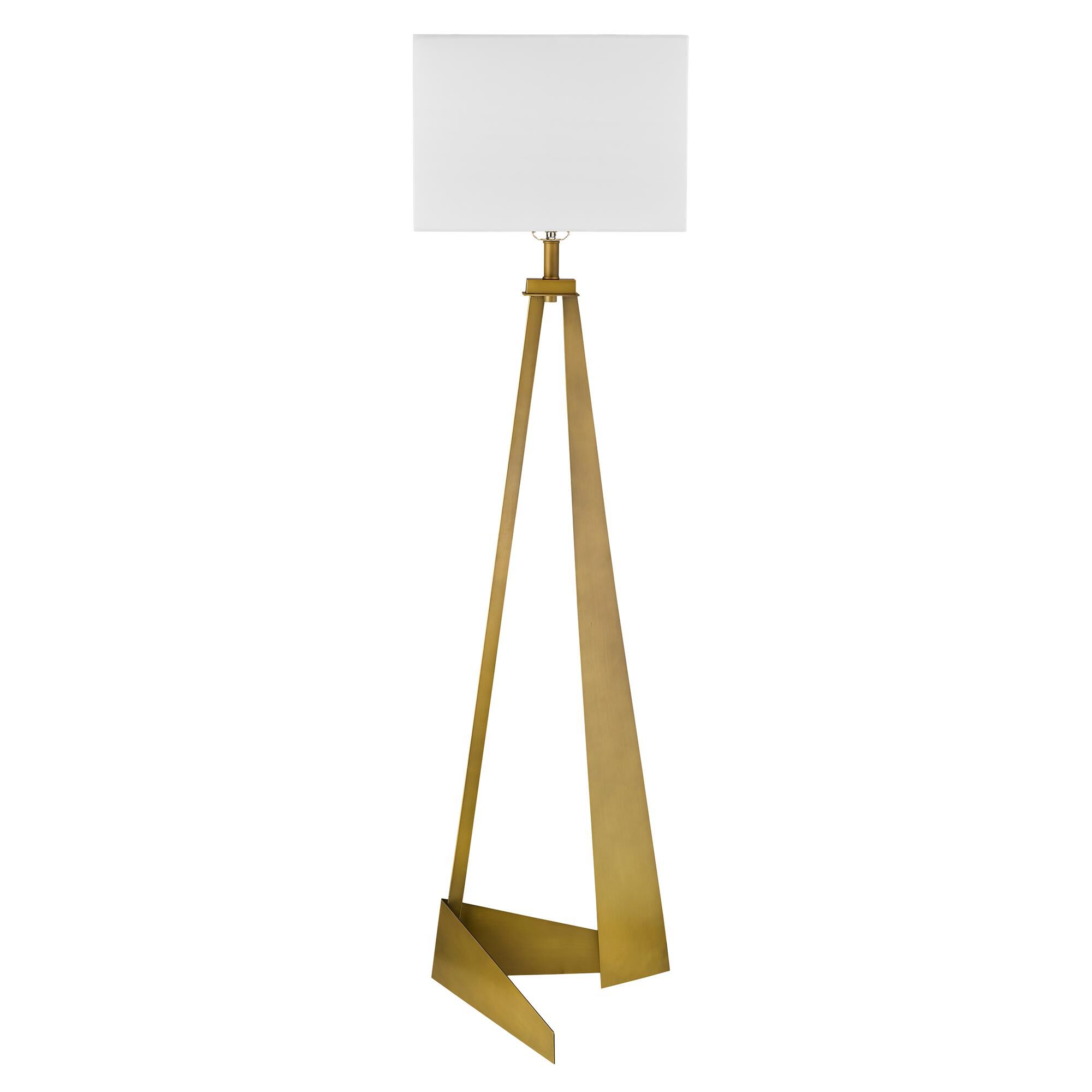 Shown in Aged Brass finish and White glass and White Linen Hardback shade