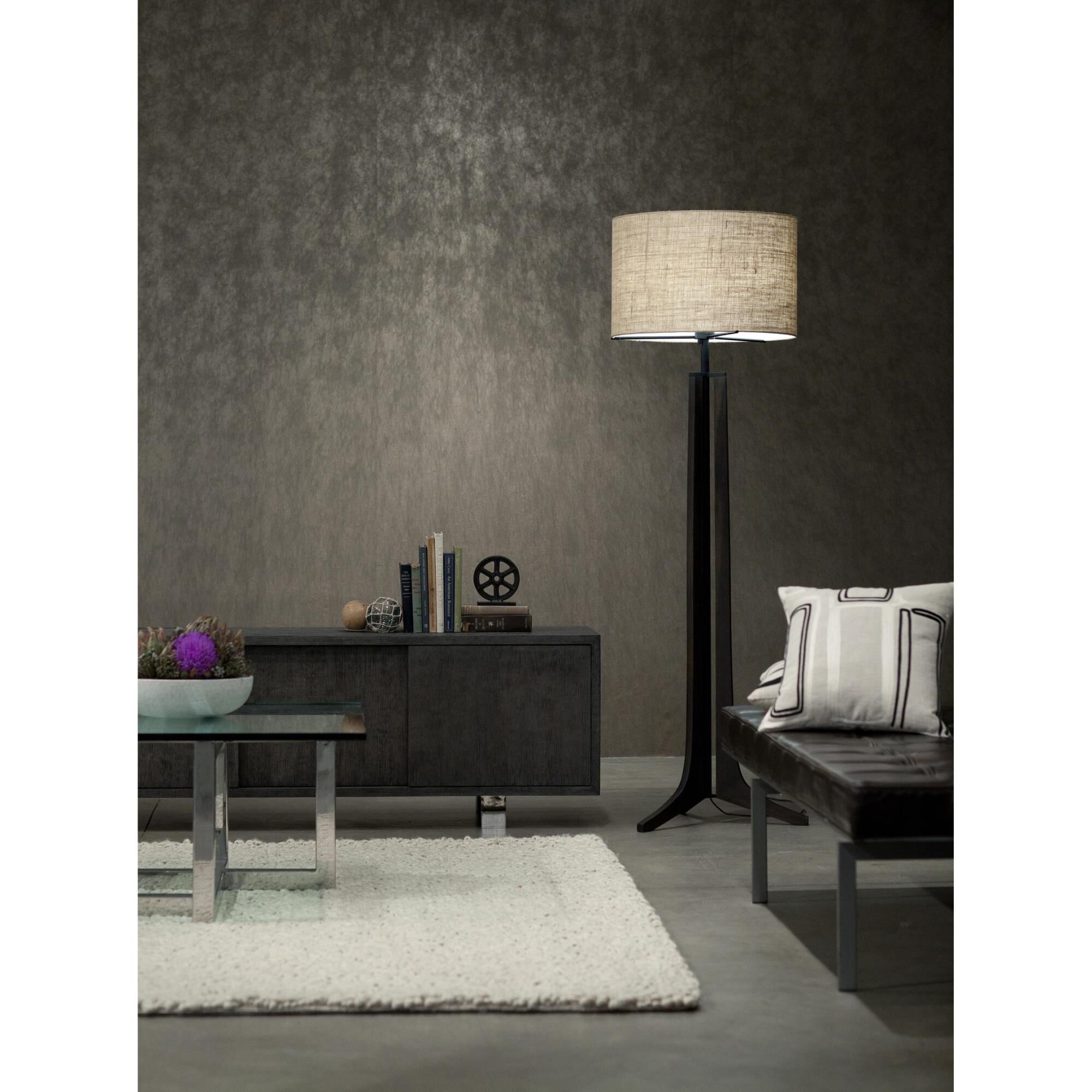 Shown in Black Aluminum finish and Natural Burlap shade and Light Walnut accent